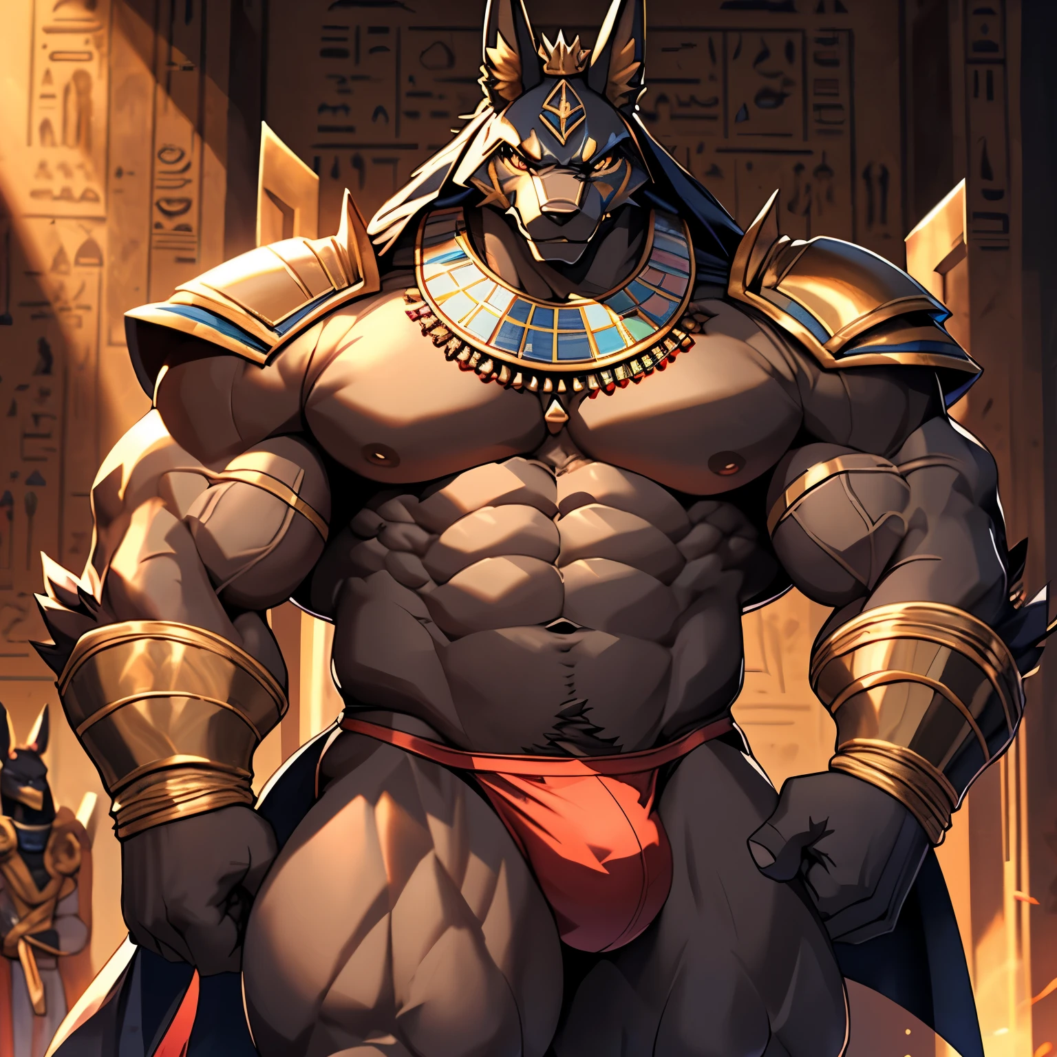 anubis jackal,Behemoth,4k HD,wallpaper, egyptian armor, anubis mask, stern expression, (bara pecs: 1.4), (dense oversized huge pecs: 1.1), (big crotch bulge: 1.3), red thong, dark dramatic lighting, epic