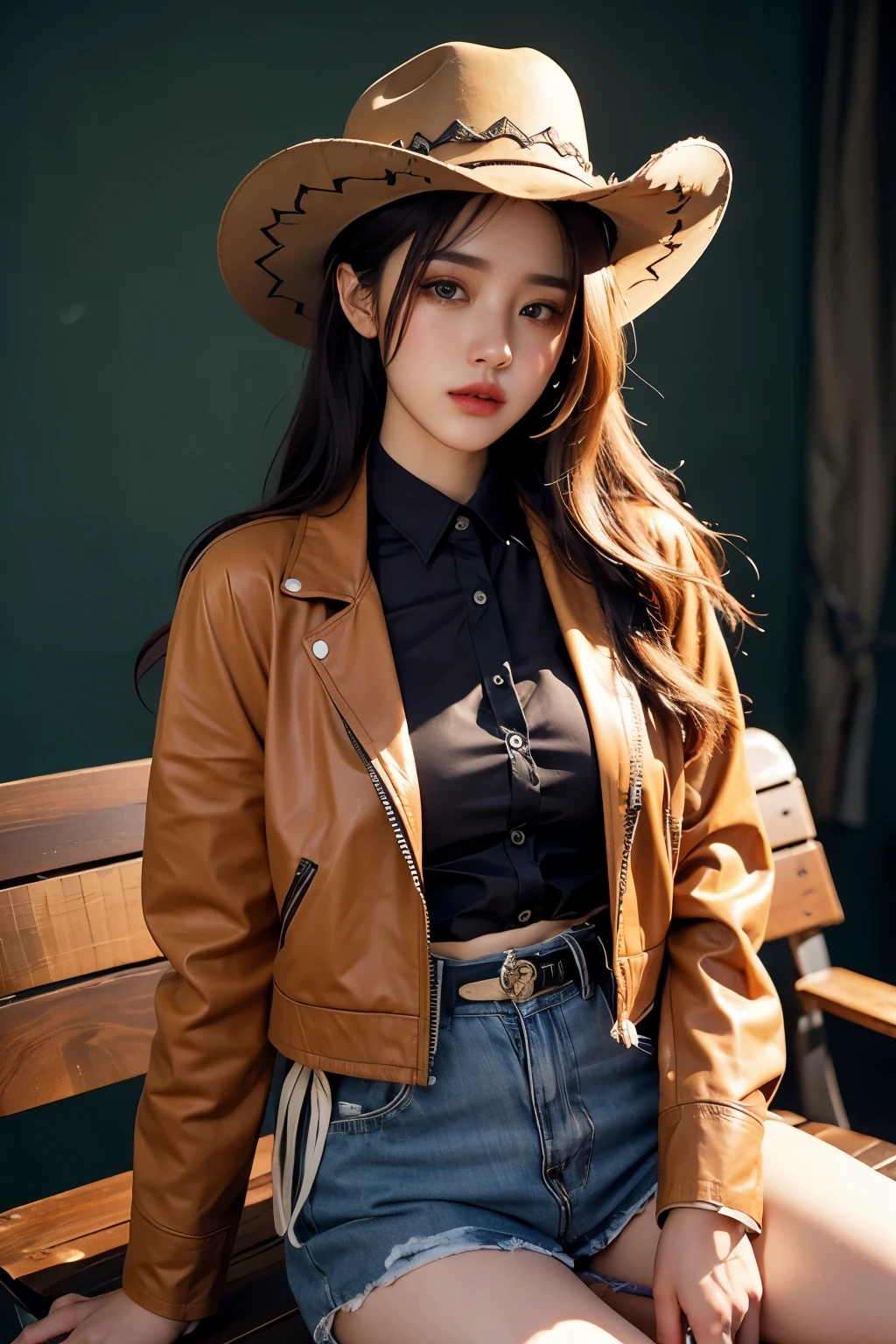 4K HLTRA HD, Masterpiece, best quality, female, nice face, detailed eyes, detailed lips, long hair, straight hair, wearing a cowboy costume, green leather jacket, green clothes, cowboy hat, blurred background, morning, seat, full body capture,