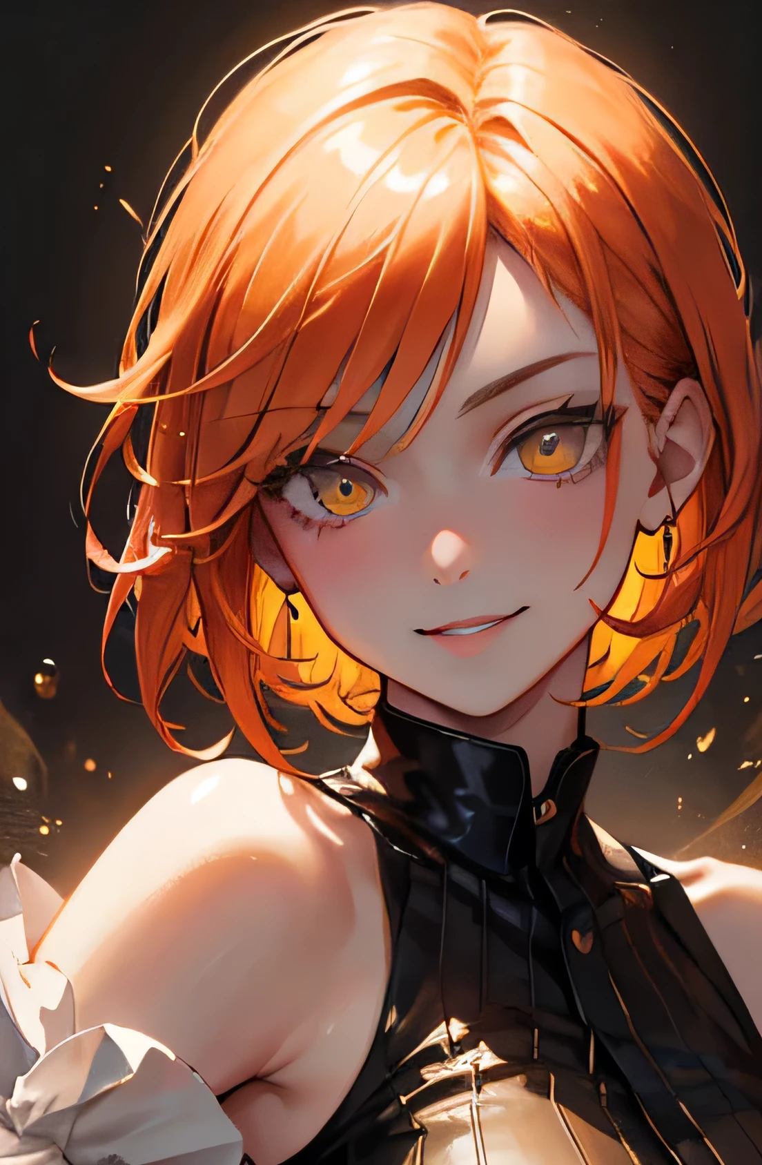 masterpiece, highest quality, so beautiful、Latest、girl, Orange Hair, short hair, Yellow Eyes、Wicked Smile、Wicked Smile,Shining Eyes、Super Nice adult woman in monochrome British aristocrat fantasy costume、Combat pose、Face close-up、Decoration、Be confident々、have、steampunk、Black Butler、sebastian michaelis、look up、Nice、Moonlit Night