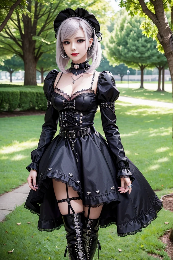 sexy stylish female model, only 1 female, ((doll-like appearance)), long dramatic stylish hair, ((shiny Punk-Style boots)), (big smile), ultra detailed eyes, Punk makeup, lipgloss, ((sexy Punk Lolita cosplay)), unconventional skirt, petticoats, high neckline, ((ultra detailed lace)), ((ultra detailed embroidery)), intricate details, tartan patterns, safety pins, Punk Lolita accessoires, Punk Lolita choker, ((large sparkling Punk Lolita jewelry)), cinematic light, detailed large park background with trees