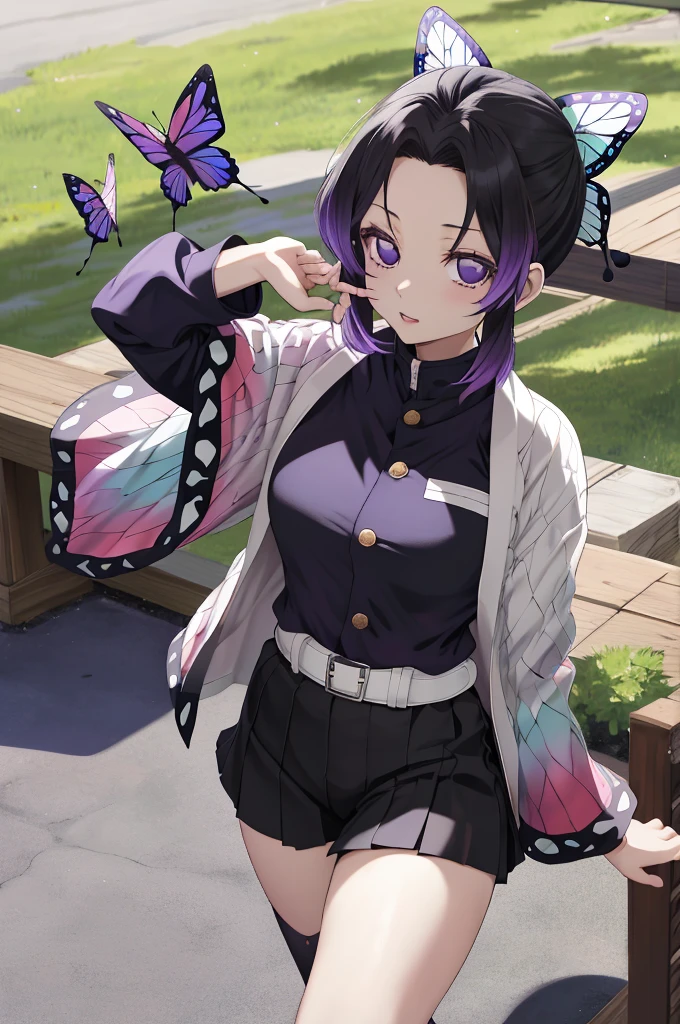 masutepiece, Best Quality, hight resolution, 1girl in, solo, kochou shinobu, Decorate your hair with butterflies, violet eyes, Multi-colored hair, Short hair, Parted bangs, Short shorts, open one's legs, Skirt, Turtleneck Top, outside of house, Erotica, Body line, Black pants
