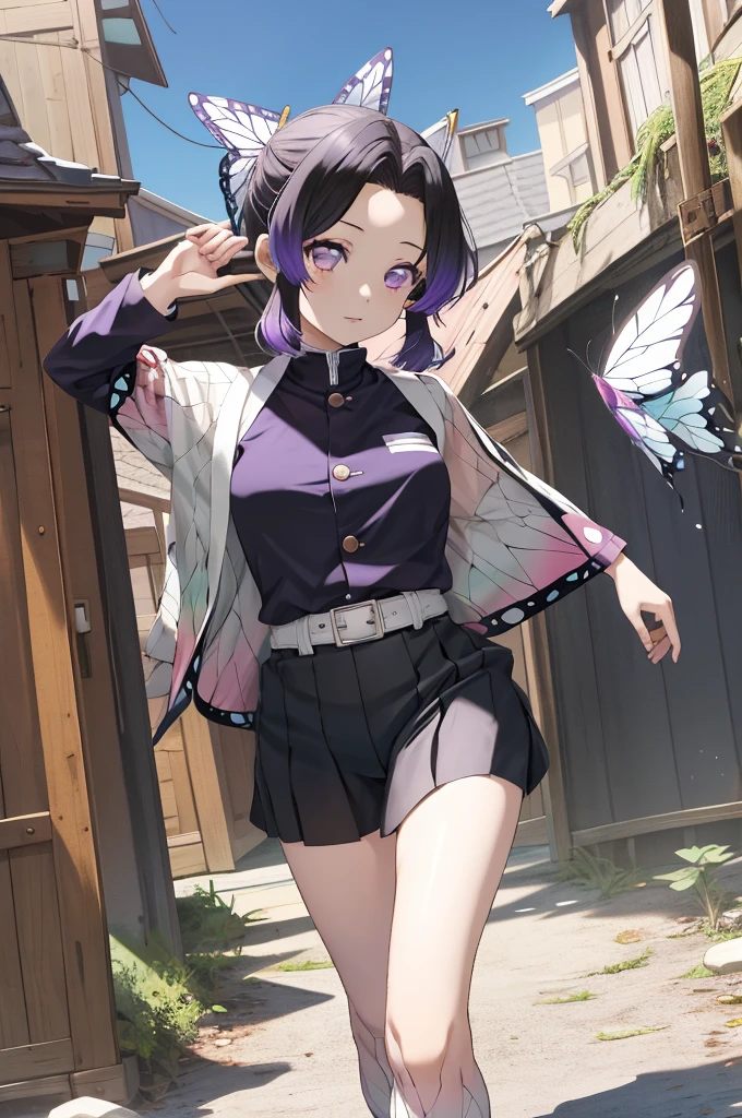 masutepiece, Best Quality, hight resolution, 1girl in, solo, kochou shinobu, Decorate your hair with butterflies, violet eyes, Multi-colored hair, Short hair, Parted bangs, Short shorts, open one's legs, Skirt, Turtleneck Top, outside of house, Erotica, Body line, Black pants
