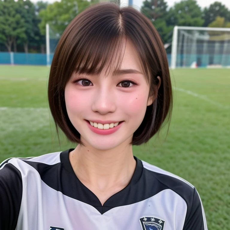 (kawaii 24 year-old Japanese girl, Nogizaka idol, Korean idol, soccer player), healthy female athlete body, (glossy black hair, very short hair, bangs:1.3), beautiful black eyes, rounded face, single eyelid, whitened even teeth, (no makeup:1.2), (big laughing:1.2), (soccer uniform:1.3), extra small breasts, BREAK, (park background, summer daytime:1.2), (dynamic angle, bust shot:1.2), BREAK, (masterpiece, best quality, photo realistic, official art:1.4), (UHD, 8K quality wallpaper, high resolution, raw photo, golden ratio:1.3), (shiny skin), professional lighting, physically based rendering, award winning, (highly detailed skin texture, extremely detailed face and eyes textures), Carl Zeiss 85 mm F/1.4, depth of field, (1girl, solo),