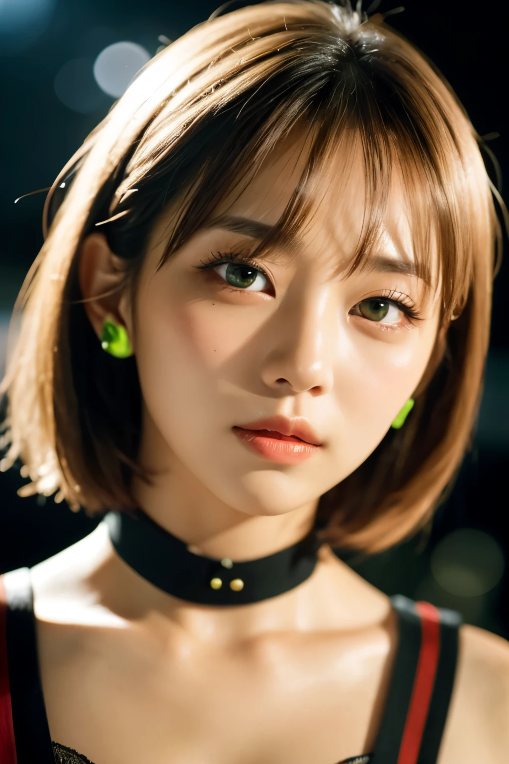 Beautiful girl, short white hair, pointy ears, green eyes, plump lips, plump cheeks, white crop top, night, eye contact, looking at viewer, masterpiece, best quality, perfect detail, perfect face detail, perfect eye detail, perfect skin detail, depth of field, perfect lighting
