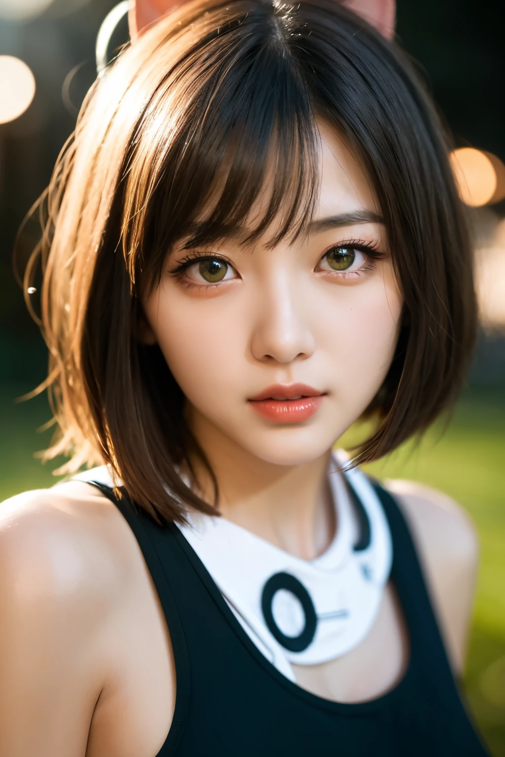 Beautiful girl, short white hair, pointy ears, green eyes, plump lips, plump cheeks, white crop top, night, eye contact, looking at viewer, masterpiece, best quality, perfect detail, perfect face detail, perfect eye detail, perfect skin detail, depth of field, perfect lighting
