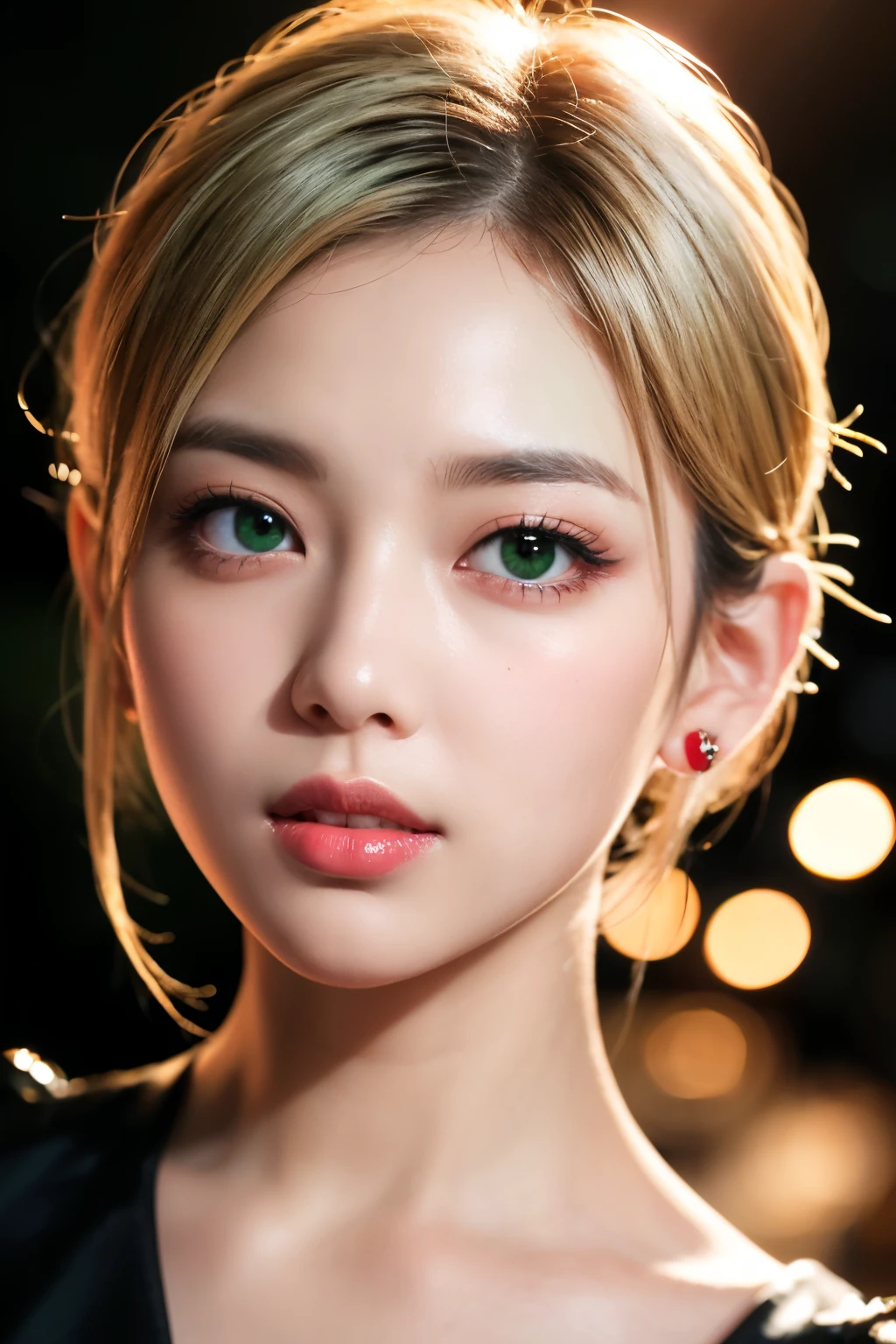 Beautiful girl, short white hair, pointy ears, green eyes, plump lips, plump cheeks, white crop top, night, eye contact, looking at viewer, masterpiece, best quality, perfect detail, perfect face detail, perfect eye detail, perfect skin detail, depth of field, perfect lighting
