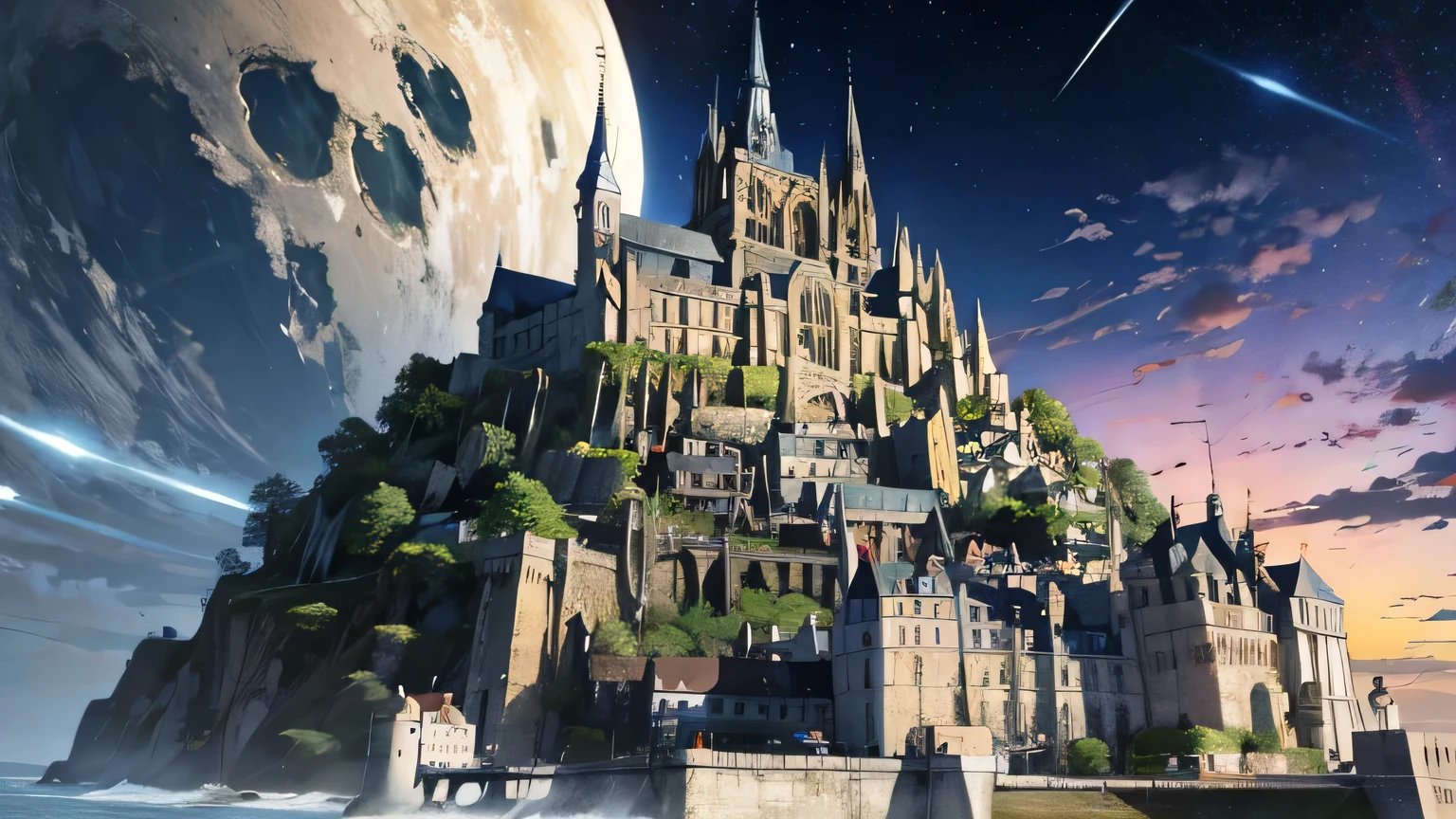 In 8K.highest quality,masterpiece,Kilo,Ultra-rich details,detailed,Detailing,landscape painting,France Mont Saint-Michel Eventide,landscape Bright colors throughout impression Mont Saint-Michel, France in the space field