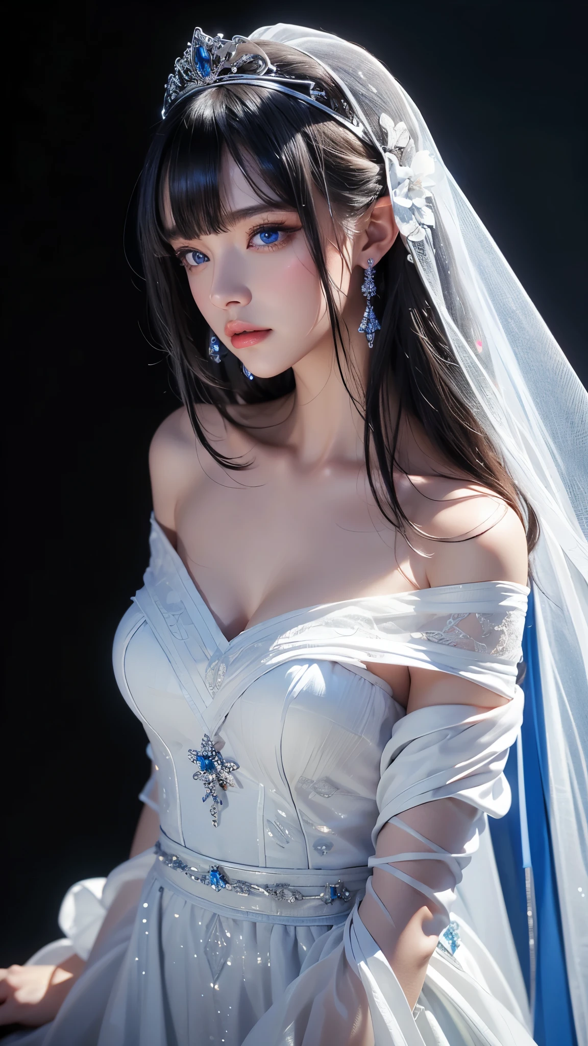 masterpiece, highest quality, Super detailed, Facing the camera, 複雑に詳細なSuper detailed, Realistic, Sharp features, Very detailed, Sharp focus, Perfect Face, Perfect Face, Perfect symmetrical perfect eyes, Perfect Plump Lips, Flexible female form, Cinematic, Film Light, Super detailed, hyper Realistic, masterpiece, Atmospheric, High resolution, Vibrant, Dynamic Studio Lighting, ((Dark Background)), The expression when enduring pleasure, Straight bangs, blue eyes,Cowboy Shot,Sexually aroused expression、White off-the-shoulder wedding dress with a wide open back、tiara、Buckshot