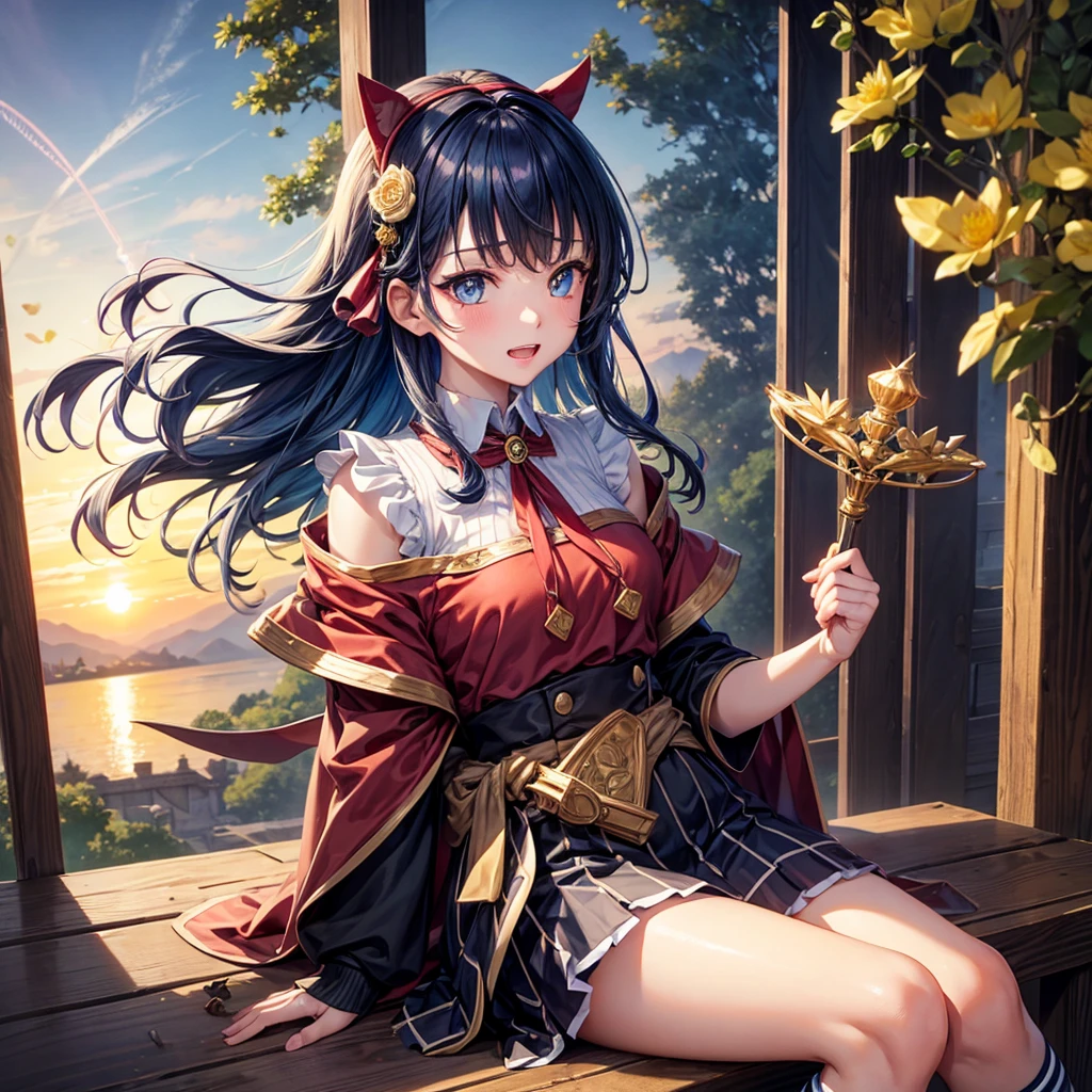Blue Hair、Golden Eyes、Braid、One good looking girl、solo、anime、Checkered mini skirt、Ruffles on the skirt、Red T-shirt、Cape、Gothic、Black knee-high socks、bandana、Wearing a ribbon、Ribbon on waist、Tilting face、Teeth are visible、Sunset sky、Piercing the clouds、Contrail、tree、Touching your face、lotus leaves、Cumulonimbus、Pillar of Light、Magic wand、Sitting on a golden treasure chest、Throb