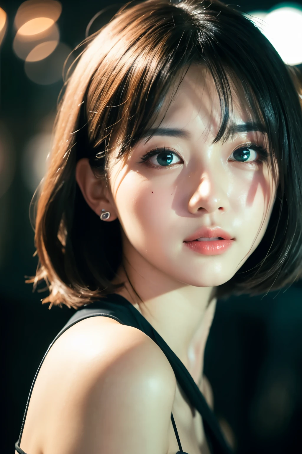 Beautiful girl, short white hair, pointy ears, green eyes, plump lips, plump cheeks, white crop top, night, eye contact, looking at viewer, masterpiece, best quality, perfect detail, perfect face detail, perfect eye detail, perfect skin detail, depth of field, perfect lighting
