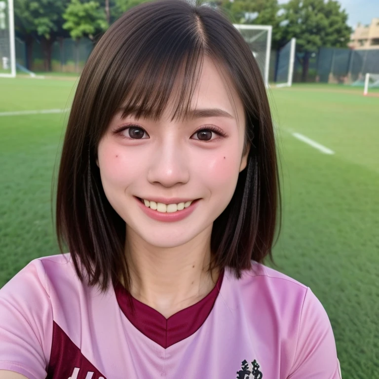 (kawaii 24 year-old Japanese girl, Nogizaka idol, Korean idol, soccer player), healthy female athlete body, (glossy black hair, very short hair, bangs:1.3), beautiful black eyes, rounded face, single eyelid, whitened even teeth, (no makeup:1.2), (big laughing:1.2), (soccer uniform:1.3), extra small breasts, BREAK, (park background, summer daytime:1.2), (dynamic angle, bust shot:1.2), BREAK, (masterpiece, best quality, photo realistic, official art:1.4), (UHD, 8K quality wallpaper, high resolution, raw photo, golden ratio:1.3), (shiny skin), professional lighting, physically based rendering, award winning, (highly detailed skin texture, extremely detailed face and eyes textures), Carl Zeiss 85 mm F/1.4, depth of field, (1girl, solo),