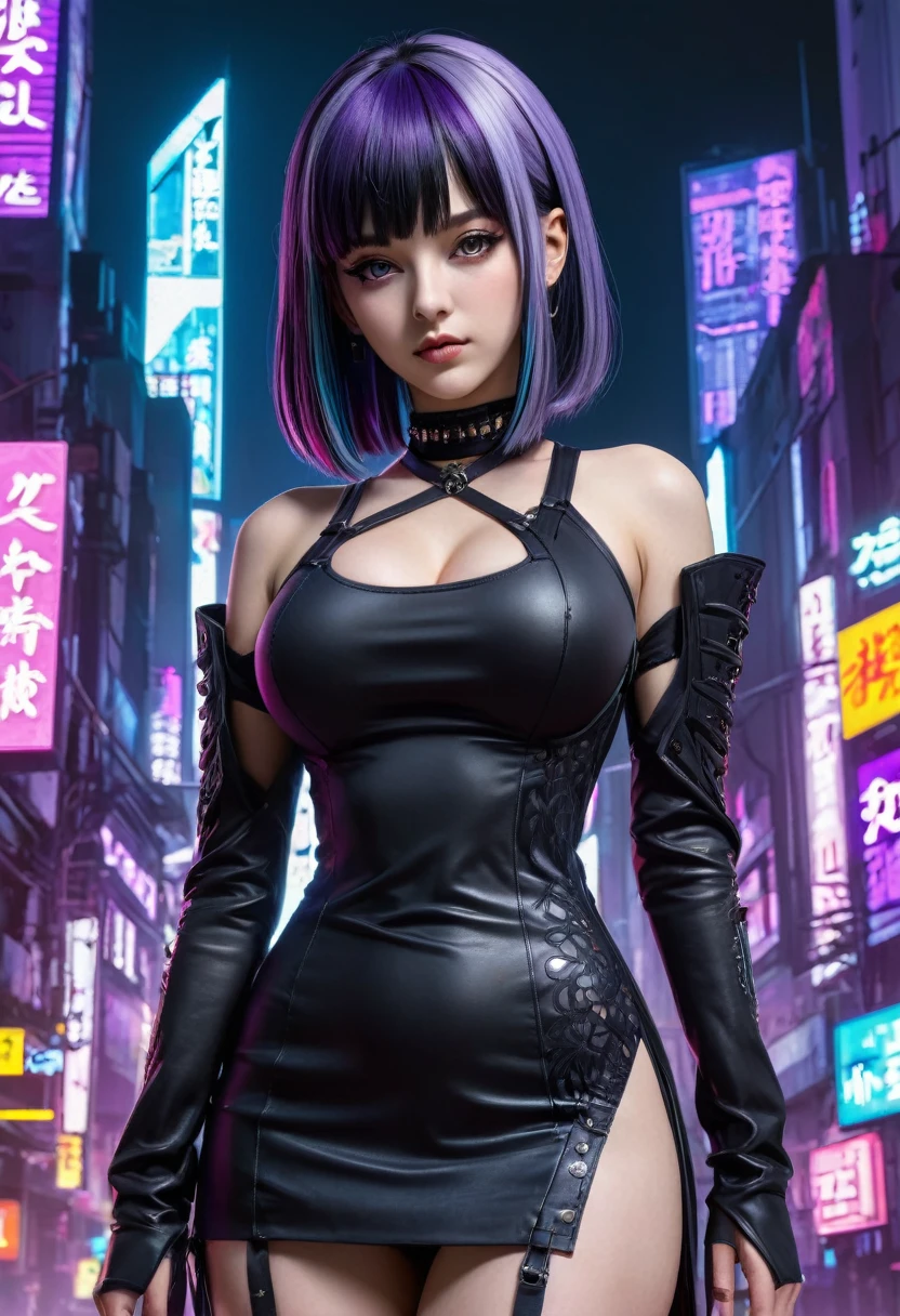 bocchipasan,1girl,solo,,pasan,black hair,blunt bangs,blunt ends,colored inner hair, grey eyes ,hime cut,long hair,medium bangs,multicolored hair,purple hair,looking at viewer,extremely detailed face, shoulders,black choker,black dress,black sleeves,clothing cutout,detached sleeves,dress,gothic,shoulder cutout,sleeves past fingers,very long sleeves,standing,full body,cyberpunk background,,  best quality,highres,masterpiece ,Beautiful breast,huge breast,cyberpunk city,incredibly absurdres, ultra detailed, high resolution, realistic lighting, photorealism, hyperrealism,masterpiece,vibrant colors,stunning visuals,ultra skin texsture,stable diffusion,perfect anatomy,crazy details