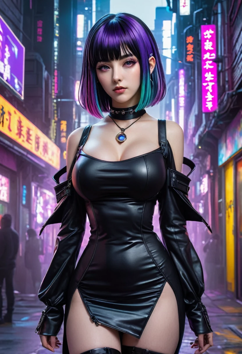 bocchipasan,1girl,solo,,pasan,black hair,blunt bangs,blunt ends,colored inner hair, grey eyes ,hime cut,long hair,medium bangs,multicolored hair,purple hair,looking at viewer,extremely detailed face, shoulders,black choker,black dress,black sleeves,clothing cutout,detached sleeves,dress,gothic,shoulder cutout,sleeves past fingers,very long sleeves,standing,full body,cyberpunk background,, best quality,highres,masterpiece ,Beautiful ,huge breastpunk city,incredibly absurdres, ultra detailed, high resolution, realistic lighting, photorealism, hyperrealism,masterpiece,vibrant colors,stunning visuals,ultra skin texsture,stable diffusion,perfect anatomy,crazy details