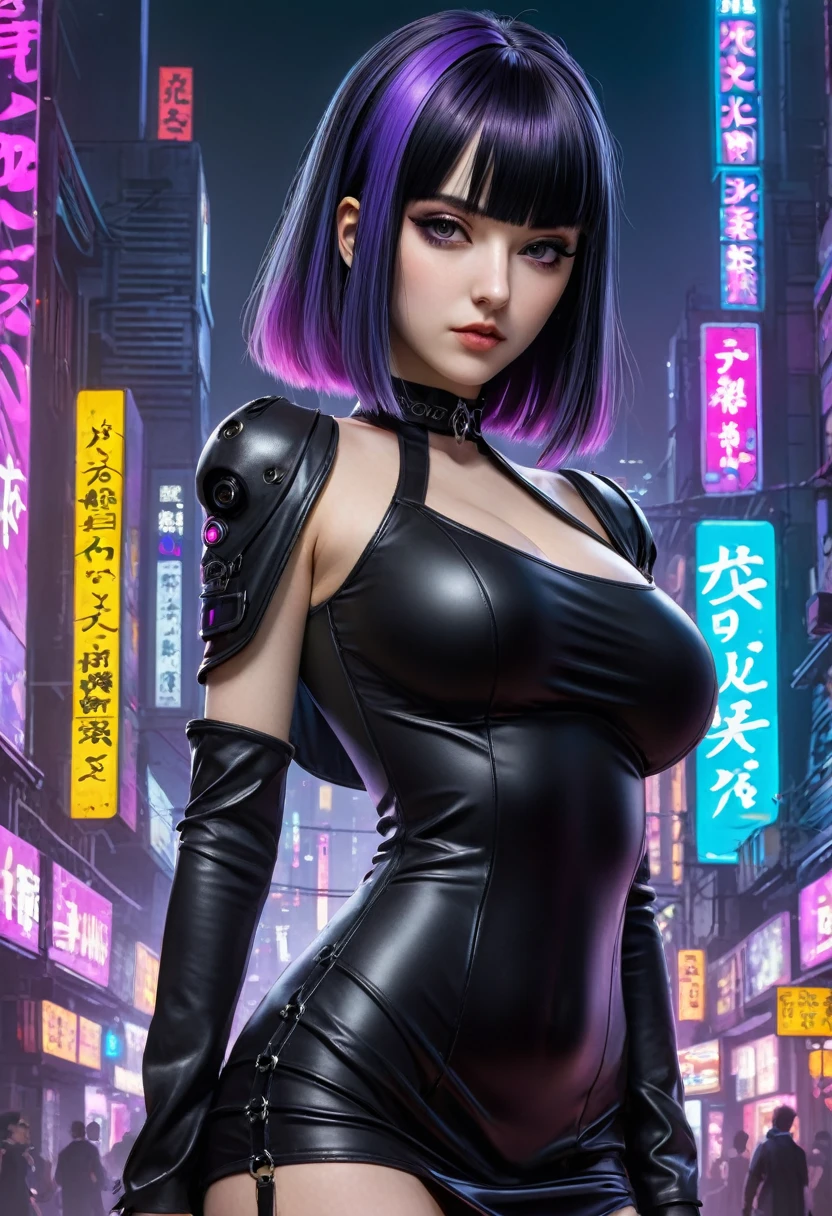 bocchipasan,1girl,solo,,pasan,black hair,blunt bangs,blunt ends,colored inner hair, grey eyes ,hime cut,long hair,medium bangs,multicolored hair,purple hair,looking at viewer,extremely detailed face, shoulders,black choker,black dress,black sleeves,clothing cutout,detached sleeves,dress,gothic,shoulder cutout,sleeves past fingers,very long sleeves,standing,full body,cyberpunk background,,  best quality,highres,masterpiece ,Beautiful breast,huge breast,cyberpunk city,incredibly absurdres, ultra detailed, high resolution, realistic lighting, photorealism, hyperrealism,masterpiece,vibrant colors,stunning visuals,ultra skin texsture,stable diffusion,perfect anatomy,crazy details