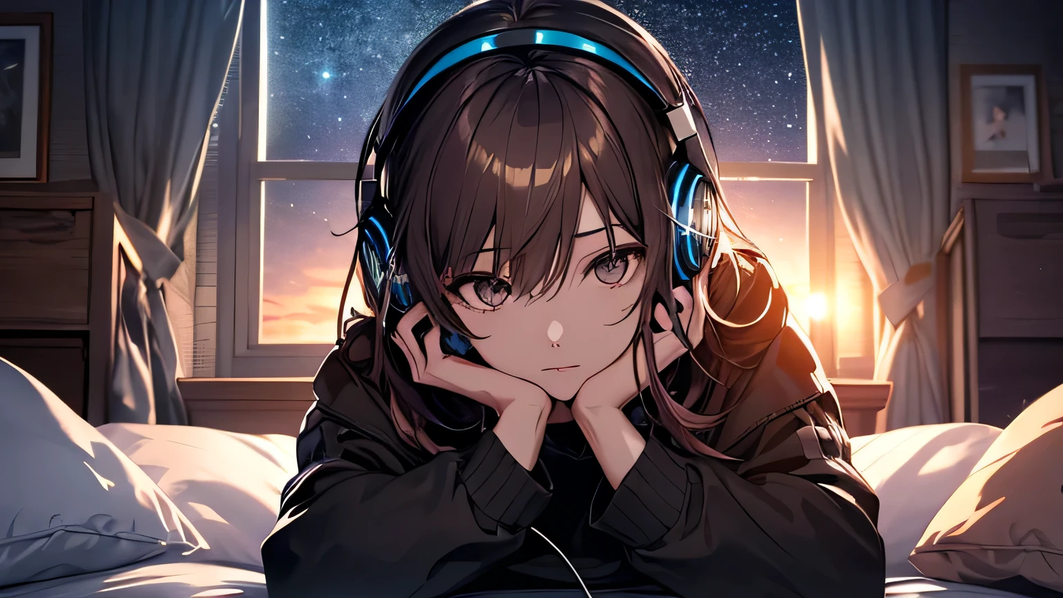 (Highly detailed CG Unity 8k wallpaper), The most beautiful works of art in the world, One girl, Upper Body,Girl lying on bed，Hair color is dark brown，Over ear headphones，Starry sky in the window