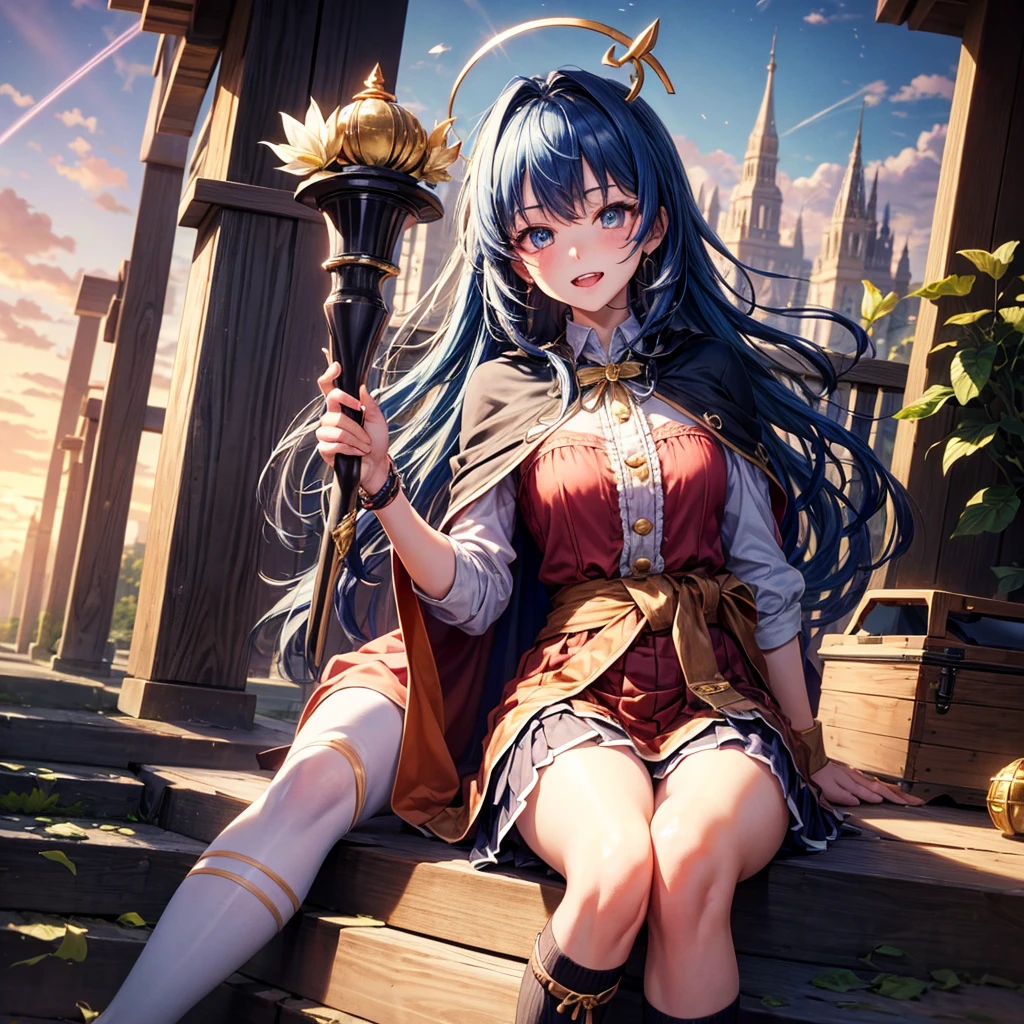 Blue Hair、Golden Eyes、Braid、One good looking girl、solo、anime、Checkered mini skirt、Ruffles on the skirt、Red T-shirt、Cape、Gothic、Black knee-high socks、bandana、Wearing a ribbon、Ribbon on waist、Tilting face、Teeth are visible、Sunset sky、Piercing the clouds、Contrail、tree、Touching your face、lotus leaves、Cumulonimbus、Pillar of Light、Magic wand、Sitting on a golden treasure chest、Throb