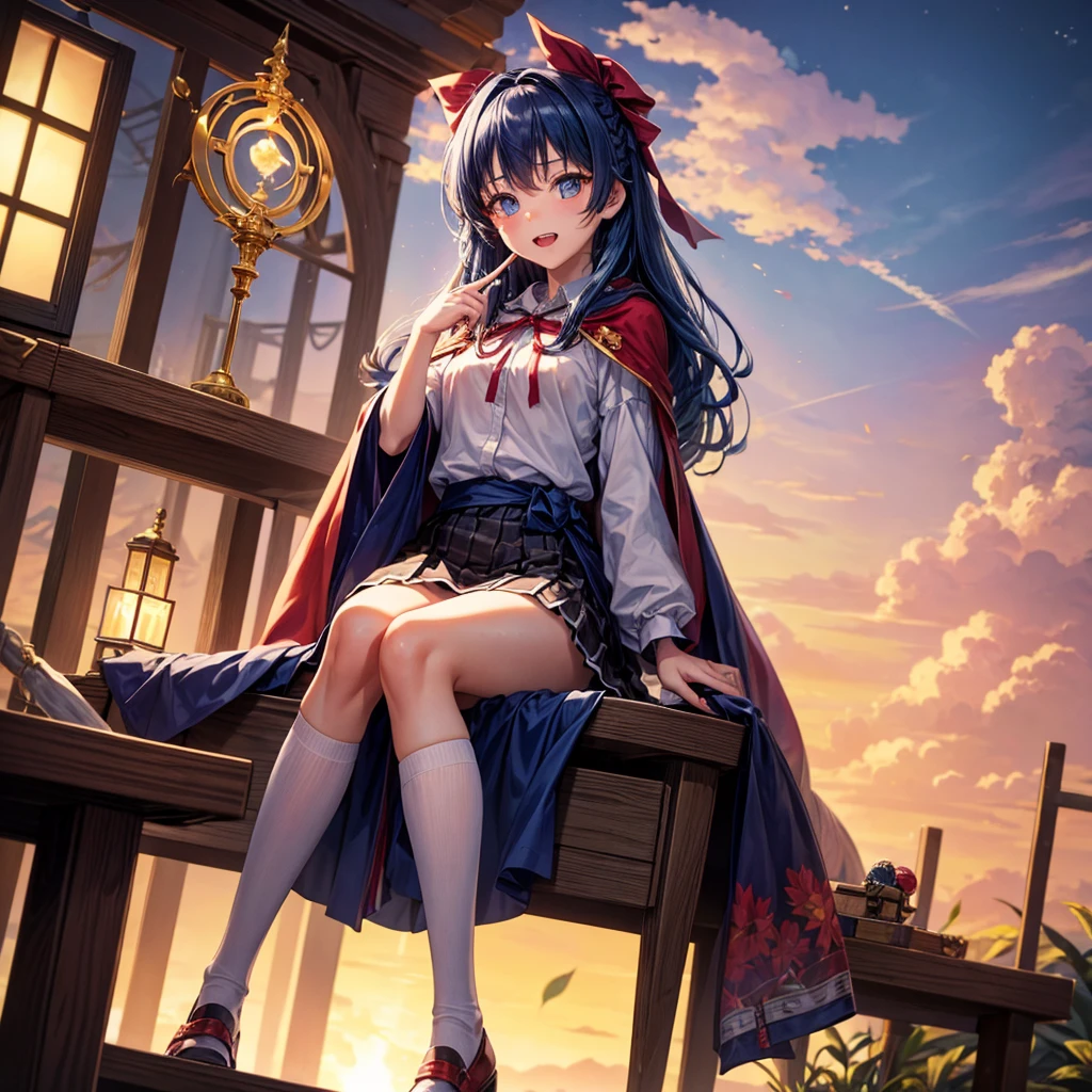 Blue Hair、Golden Eyes、Braid、One good looking girl、solo、anime、Checkered mini skirt、Ruffles on the skirt、Red T-shirt、Cape、Gothic、Black knee-high socks、bandana、Wearing a ribbon、Ribbon on waist、Tilting face、Teeth are visible、Sunset sky、Piercing the clouds、Contrail、tree、Touching your face、lotus leaves、Cumulonimbus、Pillar of Light、Magic wand、Sitting on a golden treasure chest、Throb