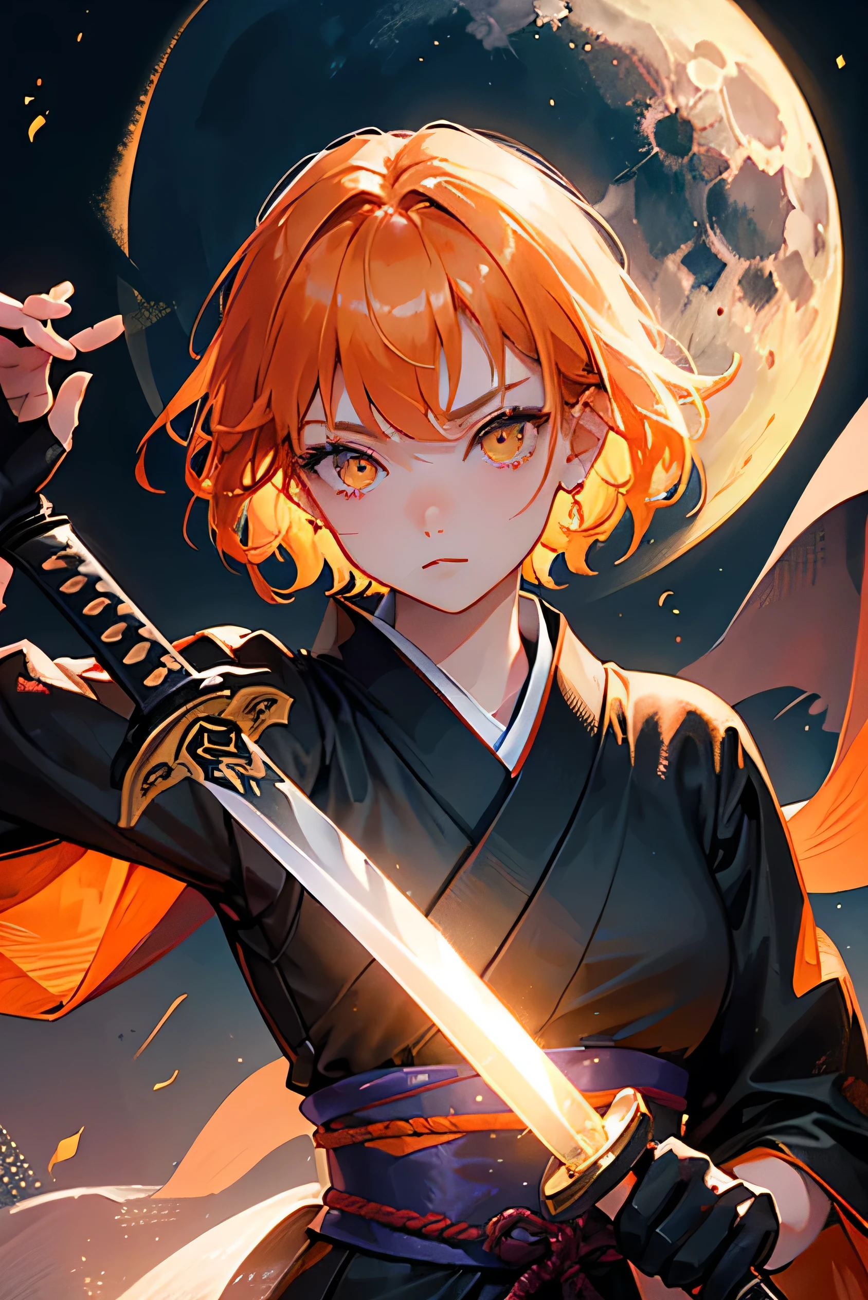 masterpiece, highest quality, (so beautiful)、up to date、Cool girl, Orange Hair, short hair, Yellow Eyes、Shining Eyes、(An adult woman wearing a black kimono and holding a sword)、Fighting Pose、Moonlit Night、(Demon slayer)、Nice、Face close-up