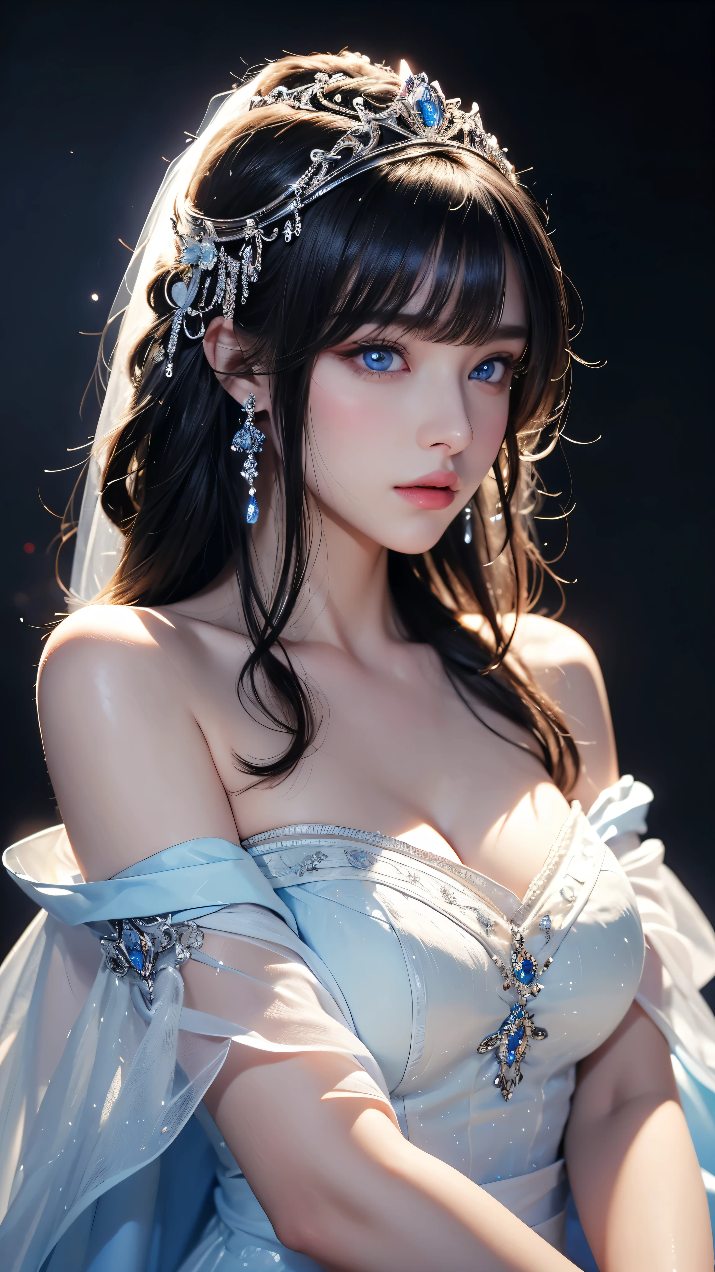 masterpiece, highest quality, Super detailed, Facing the camera, Super detailed, Realistic, Sharp features, Very detailed, Sharp focus, Perfect Face, Perfect Face, Perfect symmetrical perfect eyes, Perfect Plump Lips, Flexible female form, Cinematic, Film Light, Super detailed, hyper Realistic, masterpiece, Atmospheric, High resolution, Vibrant, Dynamic Studio Lighting, ((Dark Background)), The expression when enduring pleasure, Straight bangs, blue eyes,Cowboy Shot,Sexually aroused expression、White off-the-shoulder wedding dress with a wide open back、tiara、Buckshot