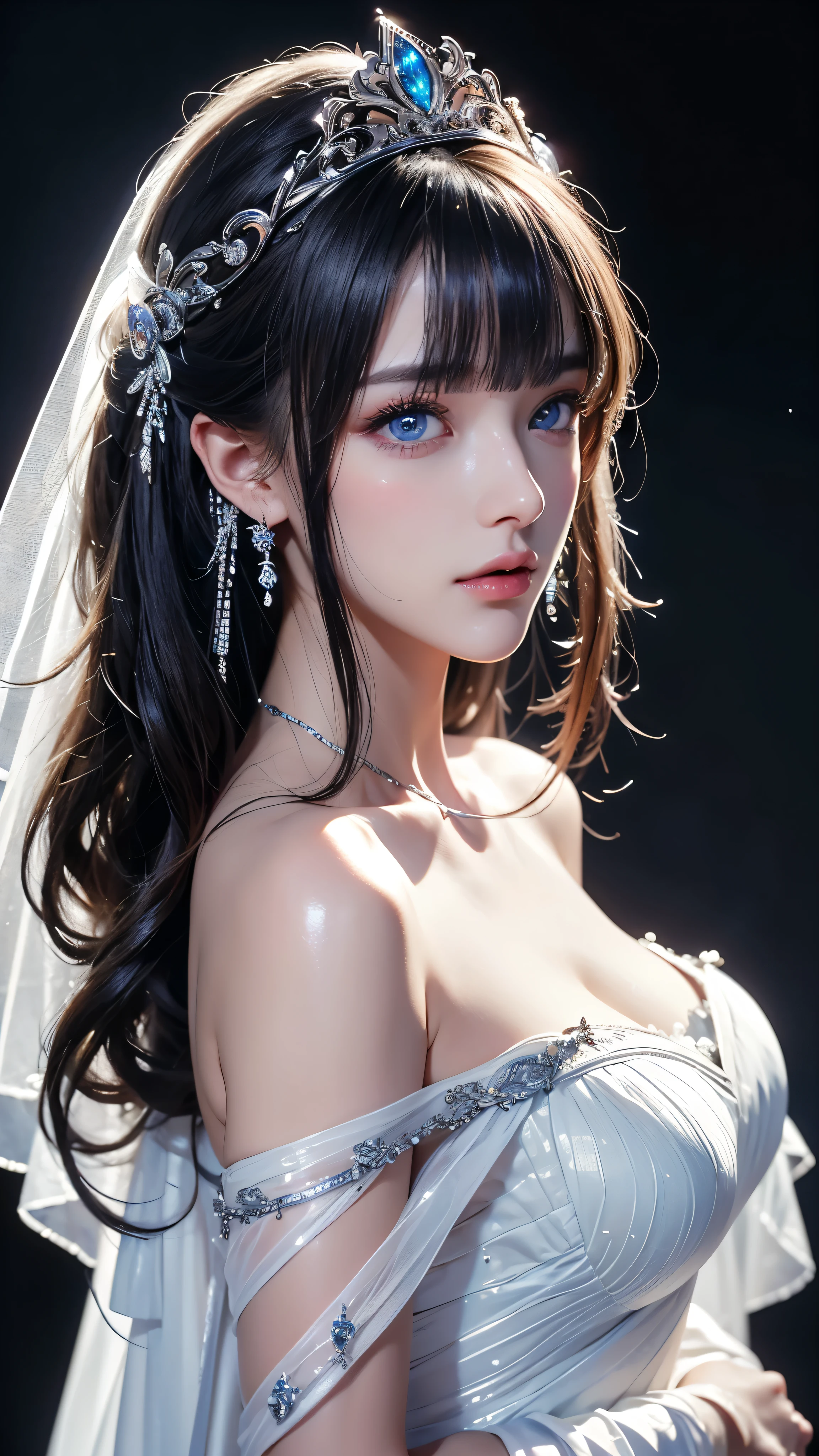 masterpiece, highest quality, Super detailed, Facing the camera, Super detailed, Realistic, Sharp features, Very detailed, Sharp focus, Perfect Face, Perfect Face, Perfect symmetrical perfect eyes, Perfect Plump Lips, Flexible female form, Cinematic, Film Light, Super detailed, hyper Realistic, masterpiece, Atmospheric, High resolution, Vibrant, Dynamic Studio Lighting, ((Dark Background)), The expression when enduring pleasure, Straight bangs, blue eyes,Cowboy Shot,Sexually aroused expression、White off-the-shoulder wedding dress with a wide open back、tiara、Buckshot