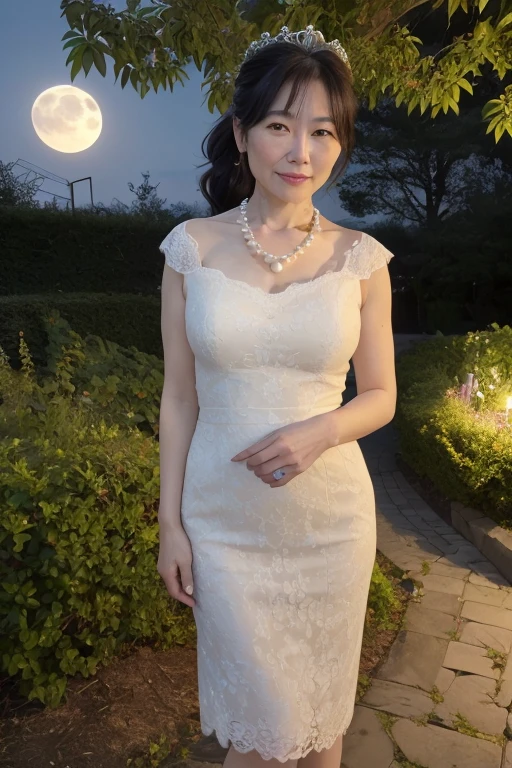 Mature Japanese Woman, Lady, 55 year old mature woman, Beautiful details, Beautiful lip detail, Very detailedな顔, Long eyelashes, ((Low Ponytail)), ((Pearl Necklace)), ((Full body emphasis)), dress, Wear a tiara on your head, English Garden, 真night中, night, full moon, moonlight, (highest quality, 4K, 8k, High resolution, masterpiece:1.2), Very detailed, (Realistic, photoRealistic, photo-Realistic:1.37), Vibrant colors