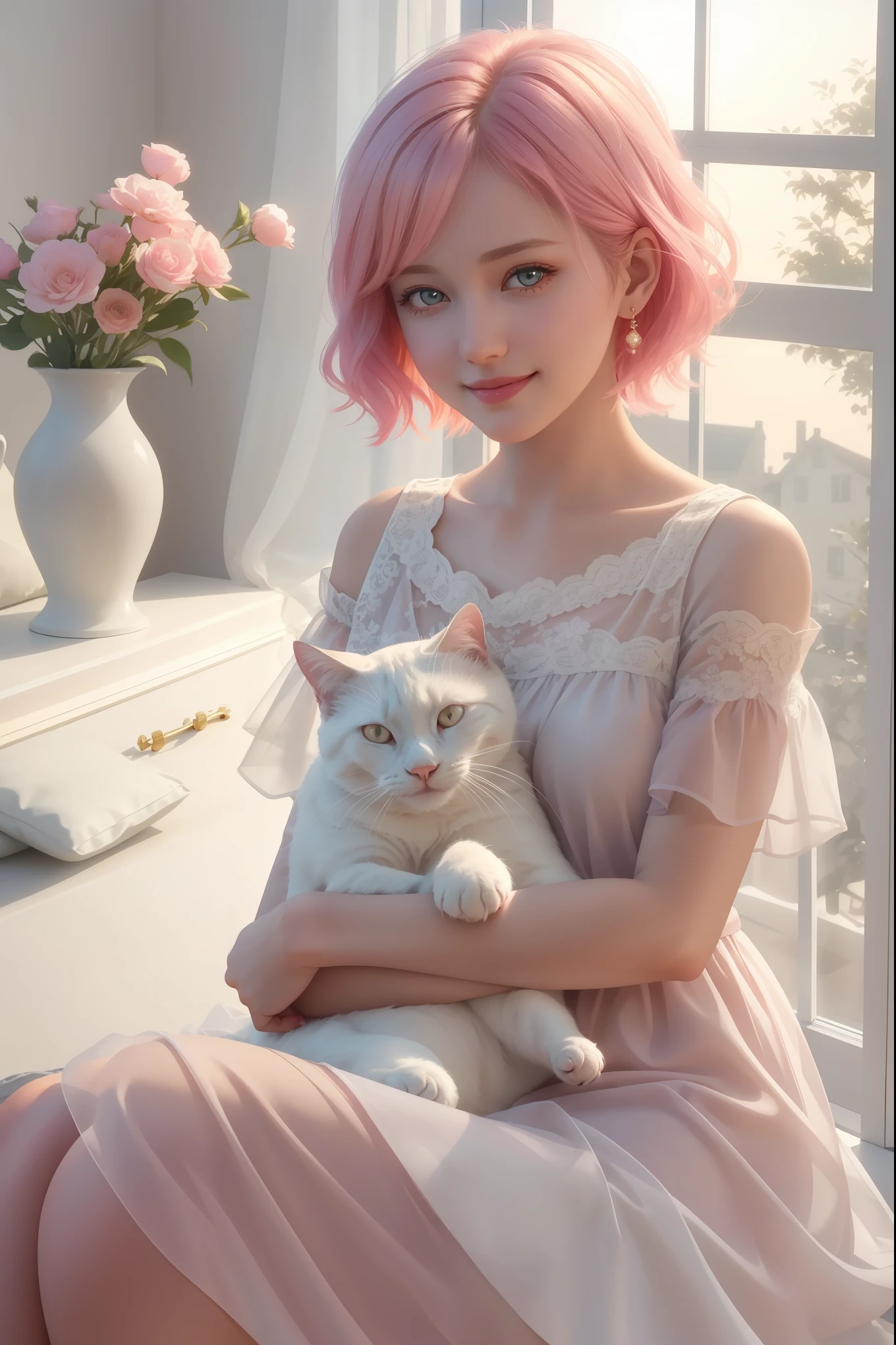 A girl with short hair, gentle eyes, smiling, holding a white cat, cat is white, opened eyes, serene, girl wearing a pink dress, sitting by the window, sunset outside, warm, soft light, (best quality, 4k, 8k, highres, masterpiece:1.2), ultra-detailed, (photorealistic:1.37), studio lighting, vivid colors, portraits, pastel tones, warm lighting