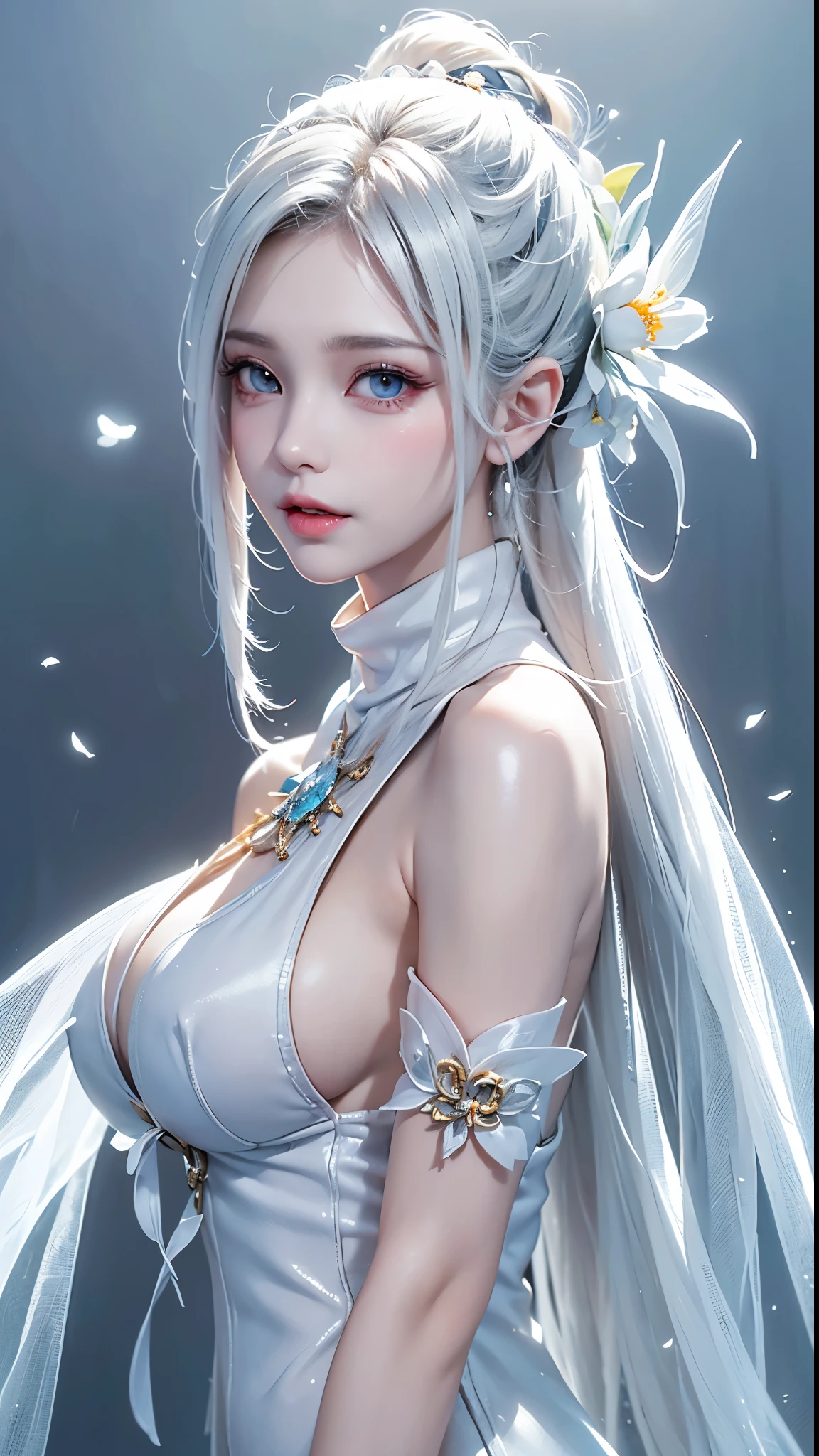 ((Bust up picture))((masterpiece:1.5、8k、Portraiture、Photorealistic and very detailed CG、Very detailed、Particle Effects、Dynamic Effects、Written boundary depth、Cinematic Light、Lens flare、Ray Tracing、Tabletop、Realistic:1.4、超A high resolution:1.2、Realistic、Realistic))((alone、,Woman in turtleneck dress:1.4、Model-like pose:、sideboob、Ample breasts、Detailed face、Bright expression、young, Brighter, Whiter skin、Best Looks、Ultimate beauty、White hair with shiny highlights:1.8、bright and shiny hair,、Super long, Silky straight hair、Hair swaying in the wind))(Fantastic transparent flower々Surrounded by、White Background、Great background、Thin petals fluttering down)