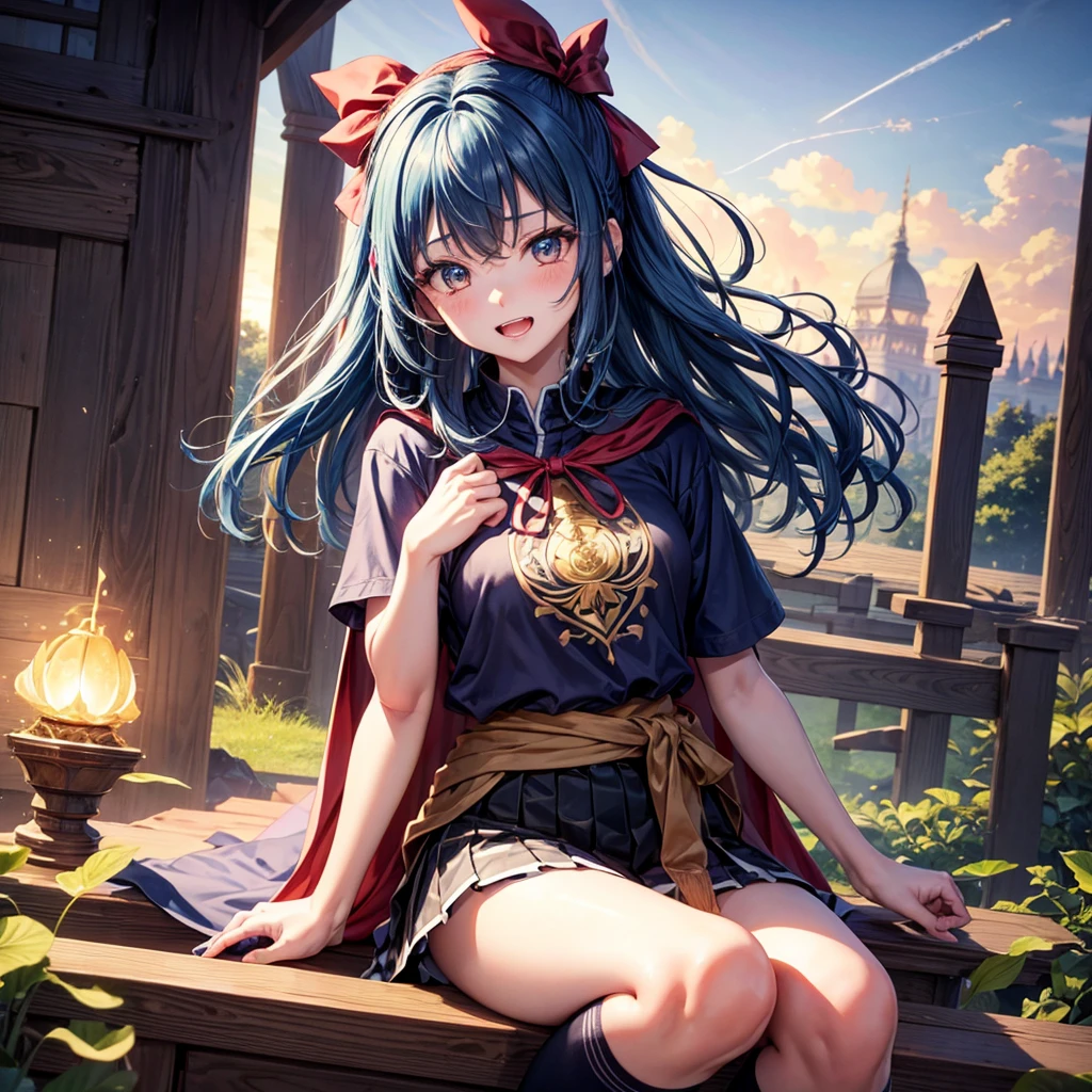 Blue Hair、Golden Eyes、Braid、One good looking girl、solo、anime、Checkered mini skirt、Ruffles on the skirt、Red T-shirt、Cape、Gothic、Black knee-high socks、bandana、Wearing a ribbon、Ribbon on waist、Tilting face、Teeth are visible、Sunset sky、Piercing the clouds、Contrail、tree、Touching your face、lotus leaves、Cumulonimbus、Pillar of Light、Magic wand、Sitting on a golden treasure chest、Throb
