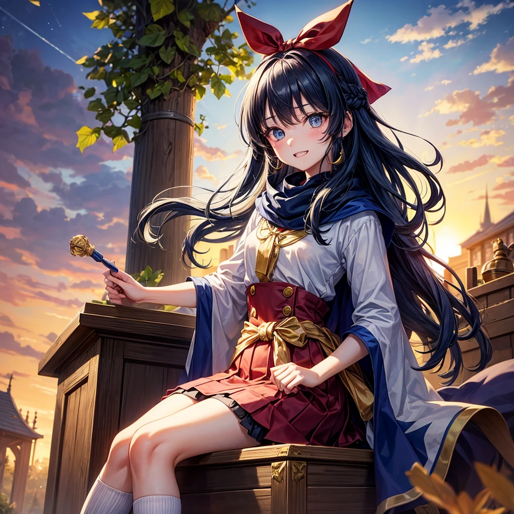 Blue Hair、Golden Eyes、Braid、One good looking girl、solo、anime、Checkered mini skirt、Ruffles on the skirt、Red T-shirt、Cape、Gothic、Black knee-high socks、bandana、Wearing a ribbon、Ribbon on waist、Tilting face、Teeth are visible、Sunset sky、Piercing the clouds、Contrail、tree、Touching your face、lotus leaves、Cumulonimbus、Pillar of Light、Magic wand、Sitting on a golden treasure chest、Throb