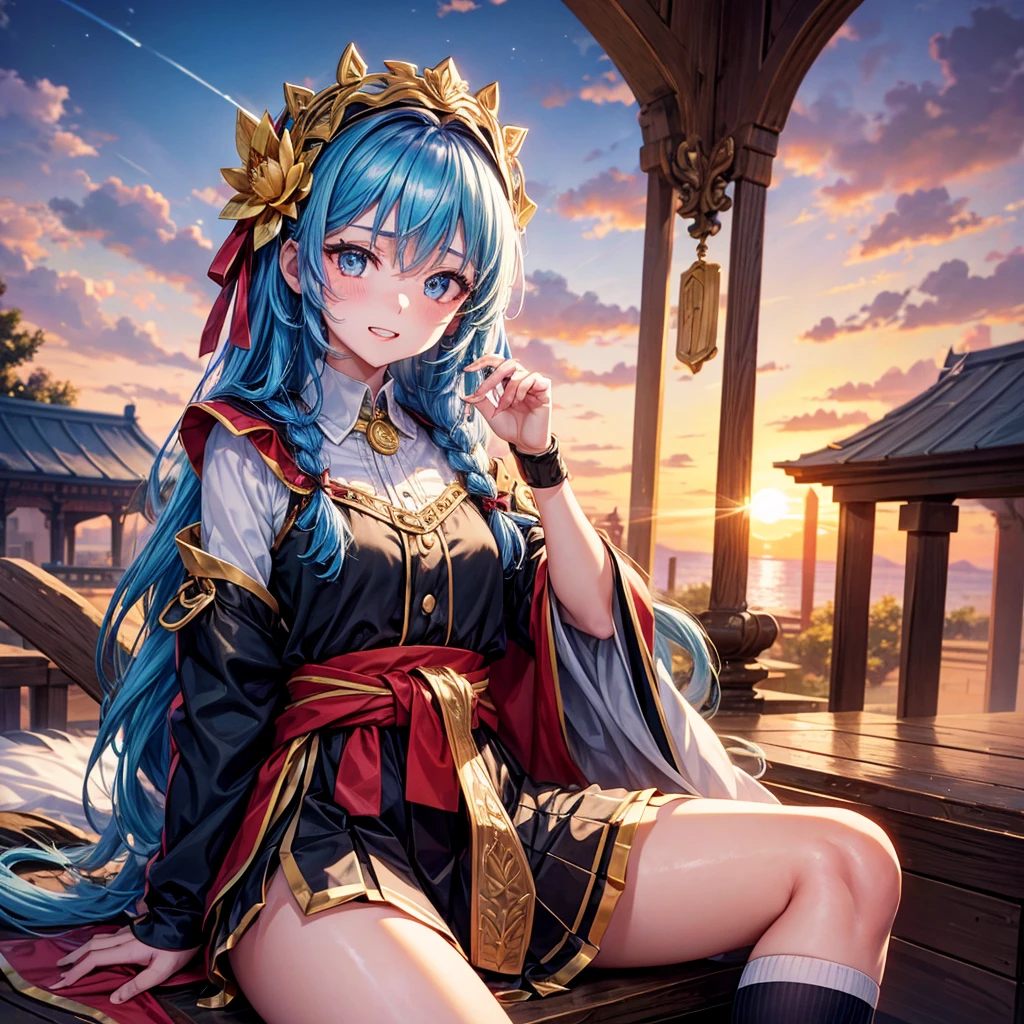 Blue Hair、Golden Eyes、Braid、One good looking girl、solo、anime、Checkered mini skirt、Ruffles on the skirt、Red T-shirt、Cape、Gothic、Black knee-high socks、bandana、Wearing a ribbon、Ribbon on waist、Tilting face、Teeth are visible、Sunset sky、Piercing the clouds、Contrail、tree、Touching your face、lotus leaves、Cumulonimbus、Pillar of Light、Magic wand、Sitting on a golden treasure chest、Throb