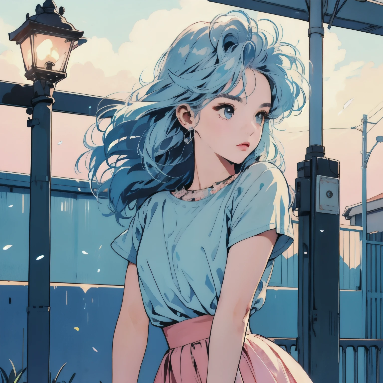 Body、Kind Face、1 pretty woman、Short sleeve、skirt、Street lamp 、Complex background、Light blue hair、Faint lighting