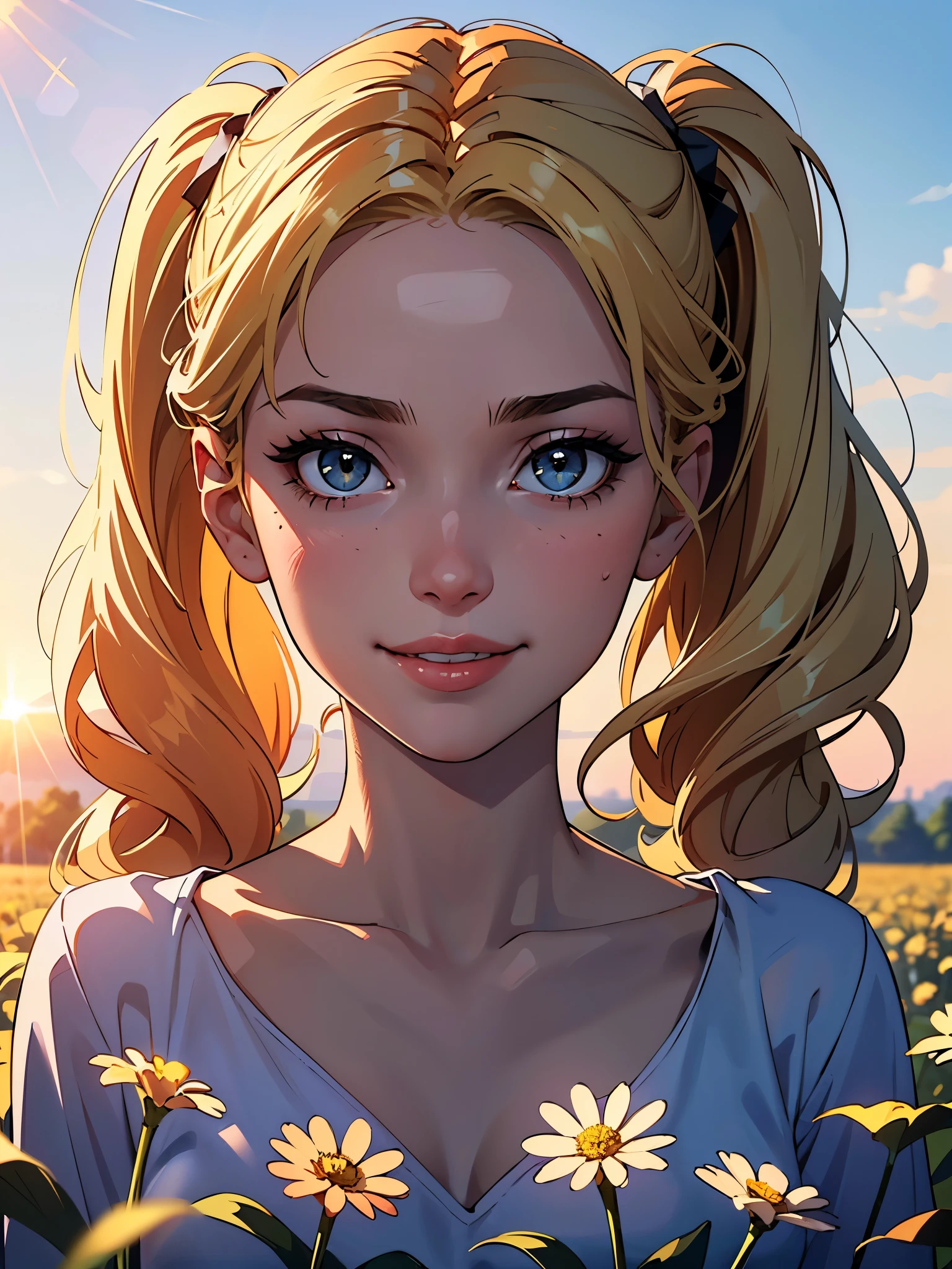 (8k, RAW photo, 最high quality, masterpiece:1.2), High-definition RAW color photo, Professional photo shoot, cinematic light, alone, (((young woman))), (detailed expression), (round eyes), (small face), (high detail skin:1.2), clavicle, cute face, beautiful appearance, long eyelashes, (blonde, high twin tails, wavy hair, black eye), Rural areas, morning dew, sunbaked wheat field, Leisurely blooming dandelion, big smile under the bright sun, wearing light cotton clothes, blue shirt, gentle and natural. Magnificent view, Slowly flowing time, soft lighting, A gathering fog, the morning sun rises, Lens flare, shiny skin, perfect fingers, five fingers, anatomically correct, background bokeh, high quality, surreal, bright colors, ((Nikon, 135㎜, f/1.8, very detailed, photo shoot)),, smirk, sultry look, seductive, 