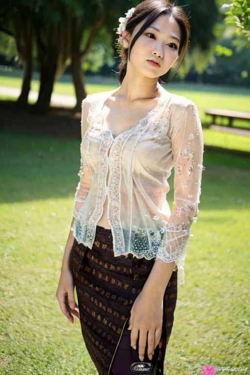 high resolution, HD, high quality, an Indonesian woman in park with passion and enjoyment, wearing a transparent kebaya, ponytail hair, long hair, wearing transparent mini skirt that everyone can see her underwear, underwear visible, her nipples are visible, her breasts are natural and beautiful, her breasts are very beautiful and her nipples are prominent, she is very aroused and passionate, her nipples straightened up because he was aroused