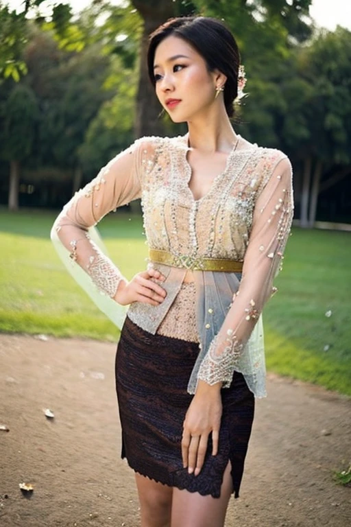 high resolution, HD, high quality, an Indonesian woman in park with passion and enjoyment, wearing a transparent kebaya, ponytail hair, long hair, wearing transparent mini skirt that everyone can see her underwear, underwear visible, her nipples are visible, her breasts are natural and beautiful, her breasts are very beautiful and her nipples are prominent, she is very aroused and passionate, her nipples straightened up because he was aroused
