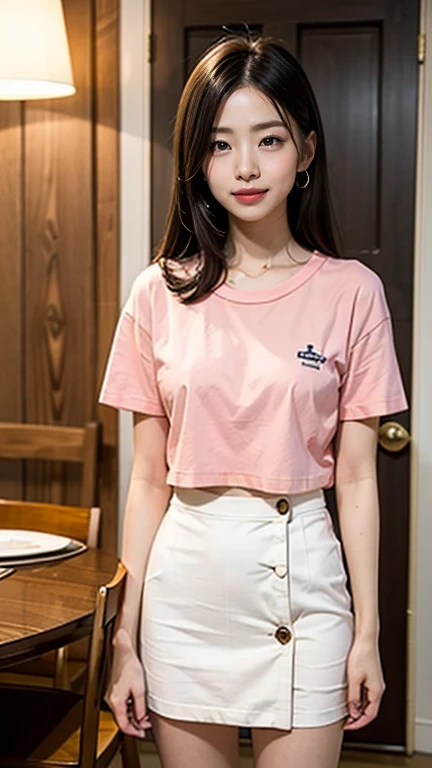You are alone in the living room、Standing in front of a table and chairs、Wearing a pink T-shirt、She is wearing a pink mini skirt、I'll lift up that miniskirt with both hands.、I'll send you a shot of my cute panties.、Front camera angle、, UHD, accurate, anatomically correct, textured skin, high details, high quality, best quality, 16k