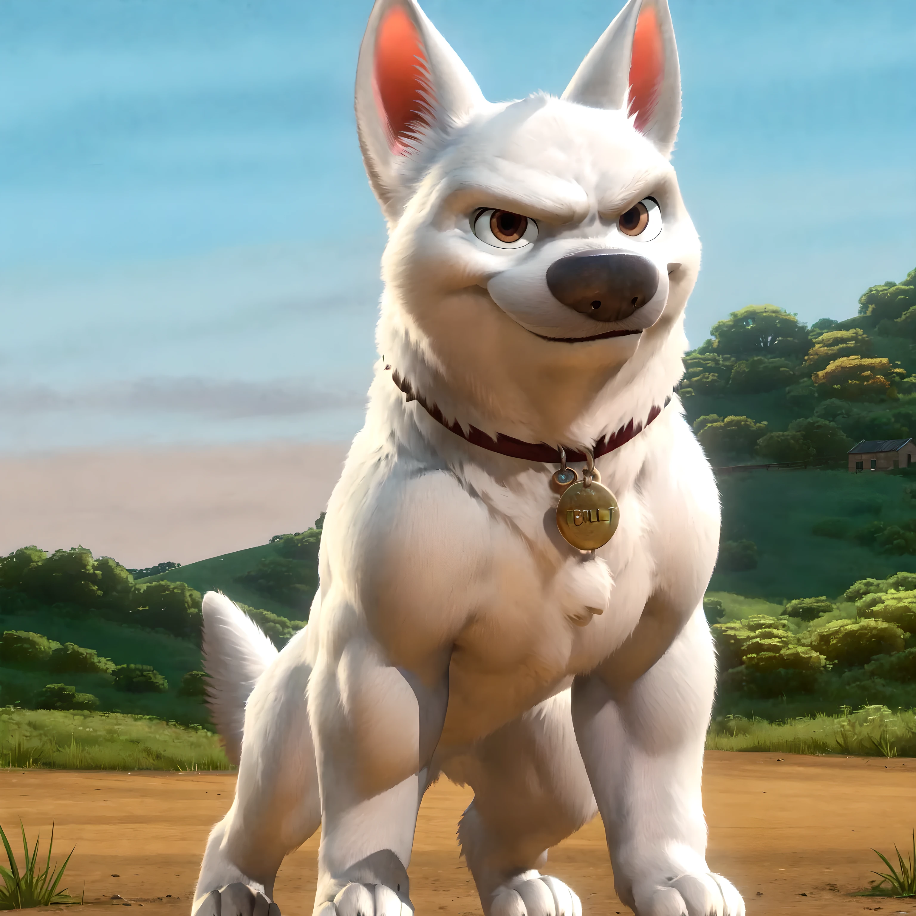 bolt the dog, adult, masculine, male, quadruped, feral dog, very muscular:2.0, muscles:2.0, (pectorals, strong chest, muscular chest):2.0, muscular shoulders, strong body, muscular neck, wide chest, negger style, wfa style, countryside background, watercolors background, cel shaded, cartoony colors, correct lighting, correct shadows, detailed eyes, high quality, high resolution, detailed, collar, angry eyes, smile, posing