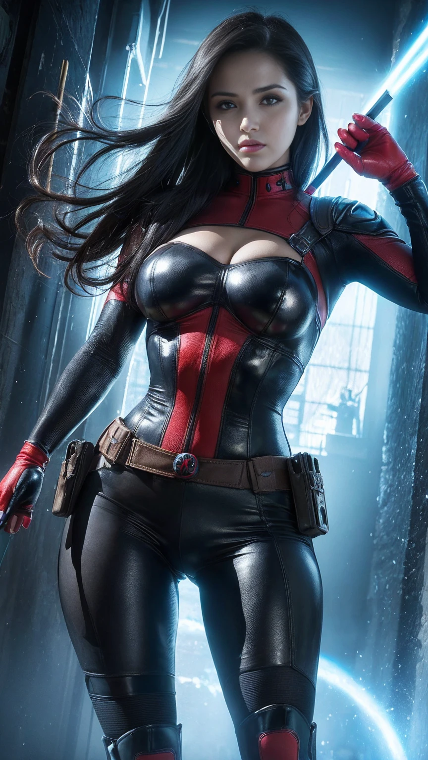 ((mejor calidad)), ((obra maestra)), (detallado: 1.4), ..3D, una imagen de una hermosa mujer ojos azules con traje de Deadpool con cabello grueso Pechos grandes con disparos y cola grande y voluminoso, light particules, Pure energy, caos, antitech, HDR (High Dymanic Range), Trazado de rayos ,NVIDIA RTX, Super-Resolutio