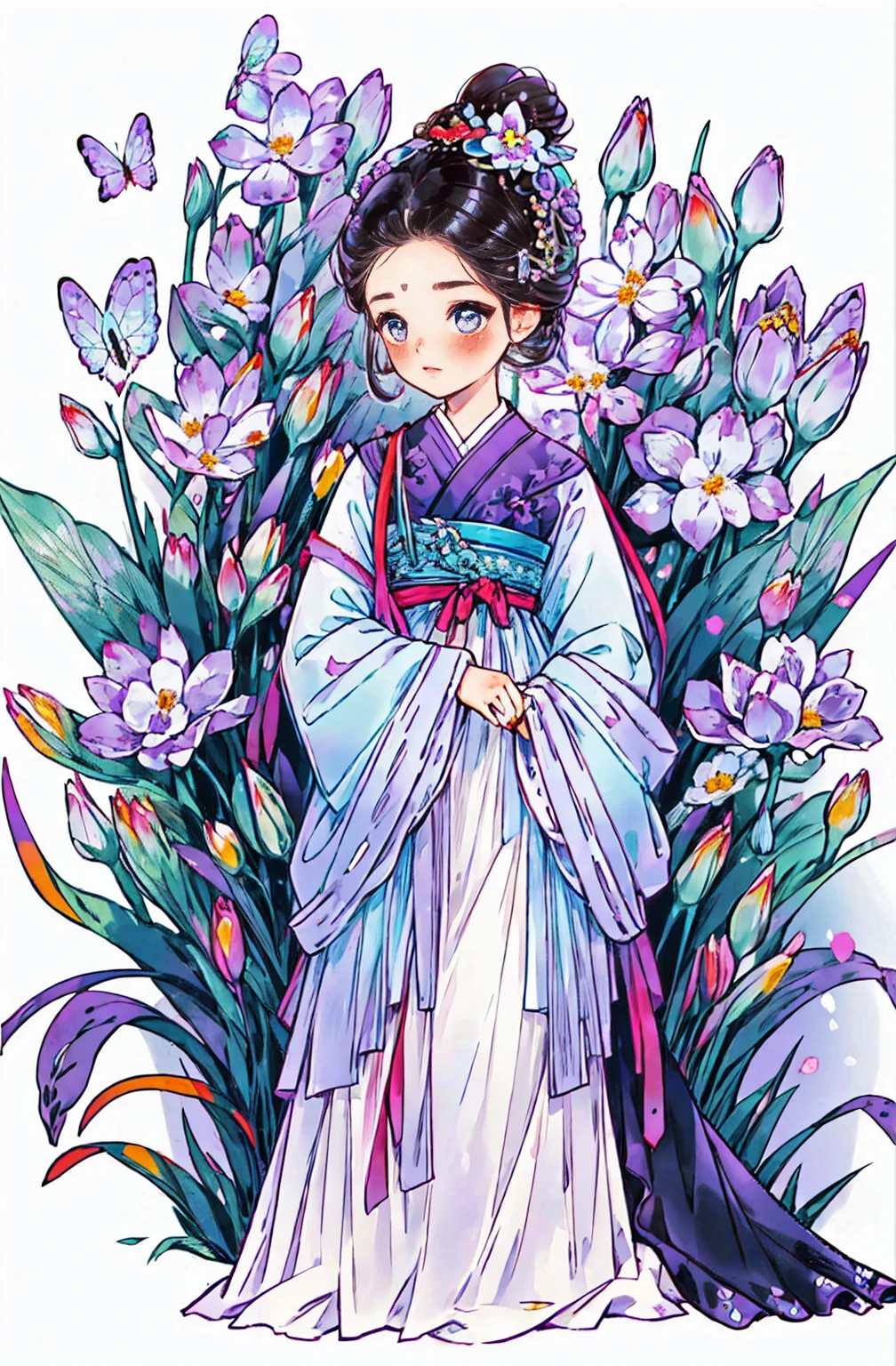 1 sister, alone, looking at the audience, Blushed, background with, black hair color hair, hair accessories, long sleeve, White background, Everlasting, Full body female love, flowers bloom, Purple, hair flower, bun, Butterfly, masterpiece, recent quality, best details, clear facial features, beautiful eyes