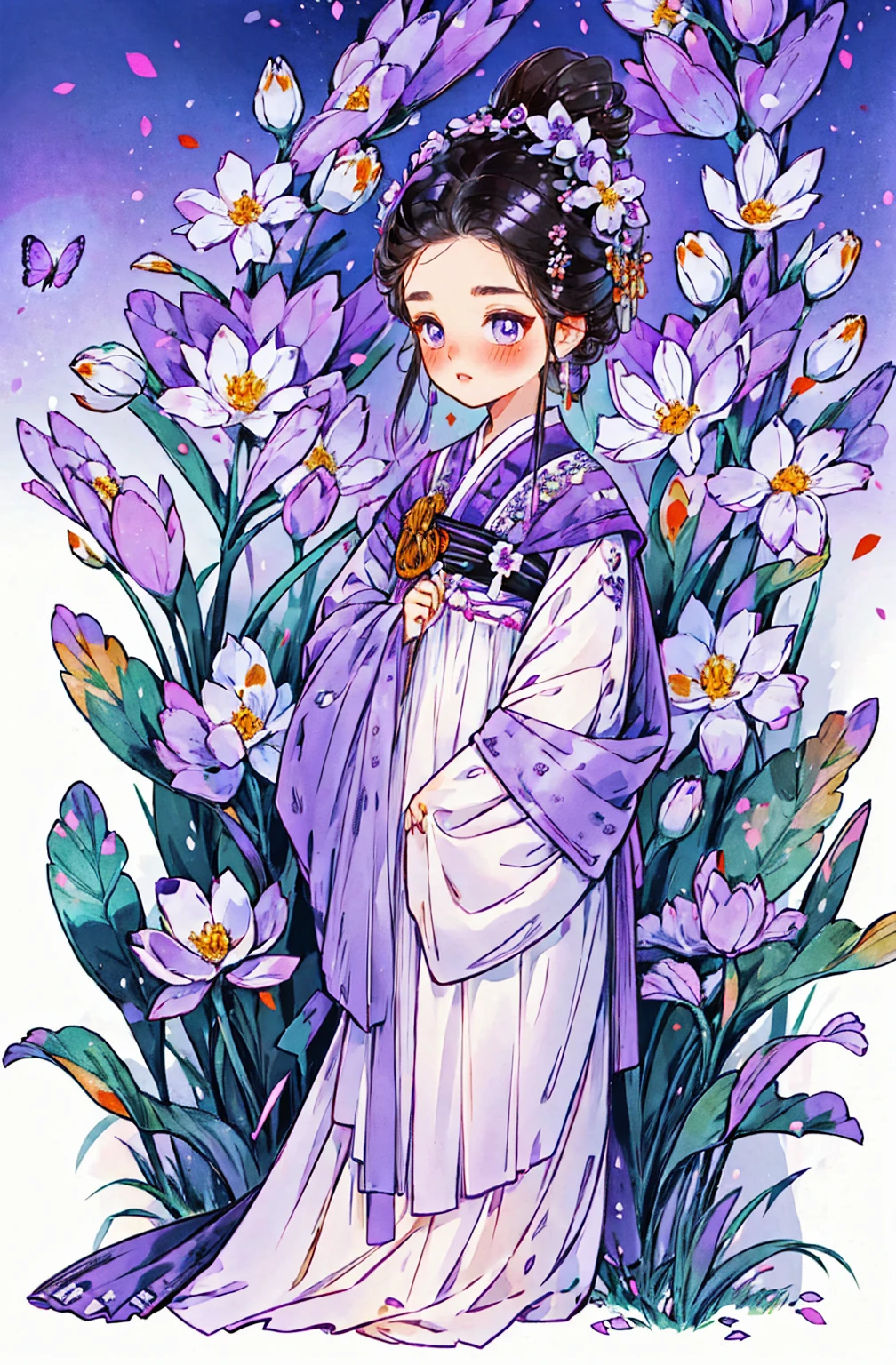 1 sister, alone, looking at the audience, Blushed, background with, black hair color hair, hair accessories, long sleeve, White background, Everlasting, Full body female love, flowers bloom, Purple, hair flower, bun, Butterfly, masterpiece, recent quality, best details, clear facial features, beautiful eyes