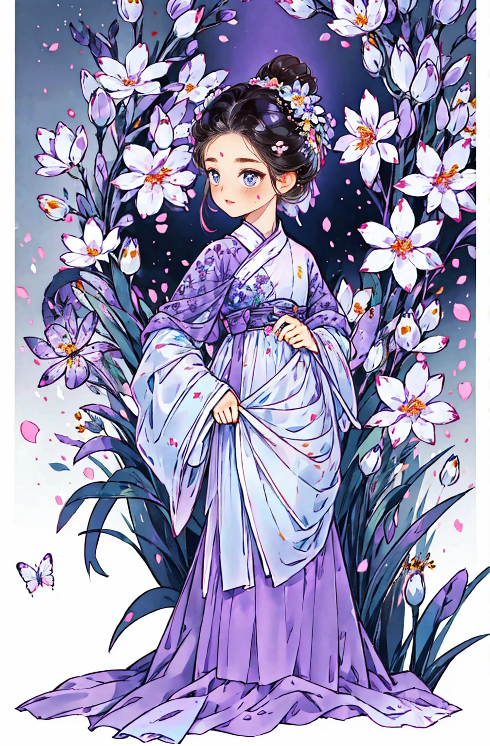 1 sister, alone, looking at the audience, Blushed, background with, black hair color hair, hair accessories, long sleeve, White background, Everlasting, Full body female love, flowers bloom, Purple, hair flower, bun, Butterfly, masterpiece, recent quality, best details, clear facial features, beautiful eyes