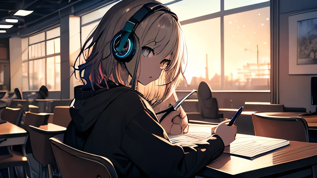 (Highly detailed CG Unity 8k wallpaper), The most beautiful works of art in the world, One girl, Upper Body,A girl studying at a desk with a pencil，Hair color is dark brown，Shortcuts,Over ear headphones，Starry sky in the window