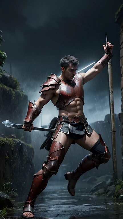 Front view of angry tensed wet roman gladiator holding blade. Muscular fearless shirtless warrior in armor jumping in attack in rainy bad weather, dark atmosphere. Concept of ancient warrior.