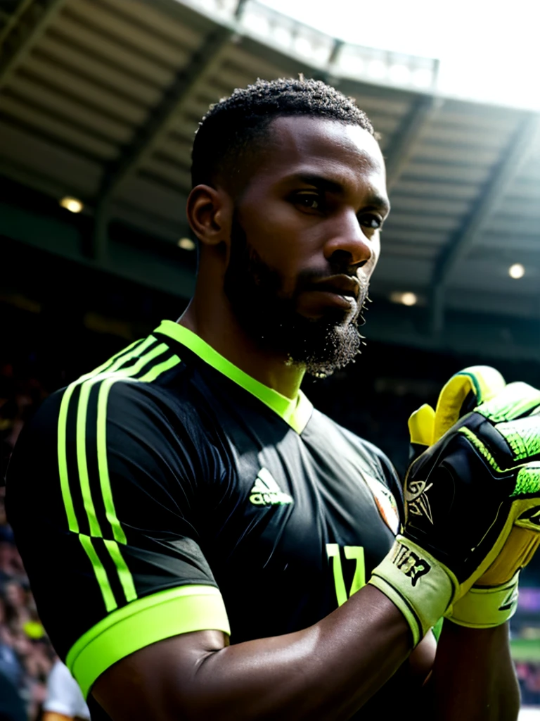Senegal soccer goalkeeper. Goalkeeper gloves. 24 years old. Black hair. Buzz cut. Short hair. Strong chin. Black skin. Ducktail beard. Dramatic light. Portrait. Male. Black jersey. Masterpiece, best quality, 4k, portrait, very detailed. Male. Full stadium. Crowd cheering.