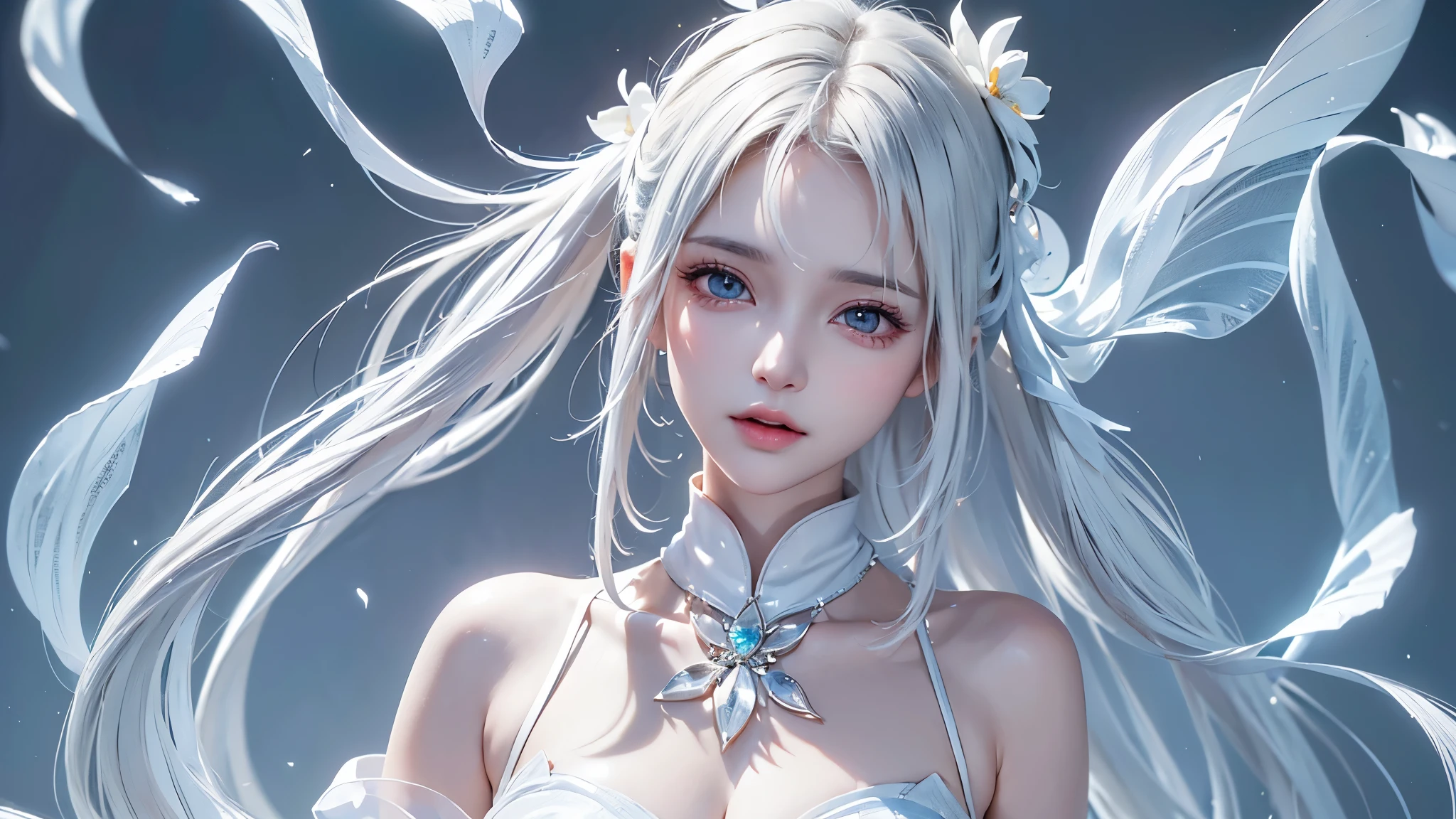 ((Bust up picture))((masterpiece:1.5、8k、Portraiture、Photorealistic and very detailed CG、Very detailed、Particle Effects、Dynamic Effects、Written boundary depth、Cinematic Light、Lens flare、Ray Tracing、Tabletop、Realistic:1.4、超A high resolution:1.2、Realistic、Realistic))((alone、,Woman in turtleneck dress:1.4、Model-like pose:、sideboob、Ample breasts、Detailed face、Bright expression、young, Brighter, Whiter skin、Best Looks、Ultimate beauty、White hair with shiny highlights:1.8、bright and shiny hair,、Super long, Silky straight hair、Hair swaying in the wind))(Fantastic transparent flower々Surrounded by、White Background、Great background、Thin petals fluttering down)