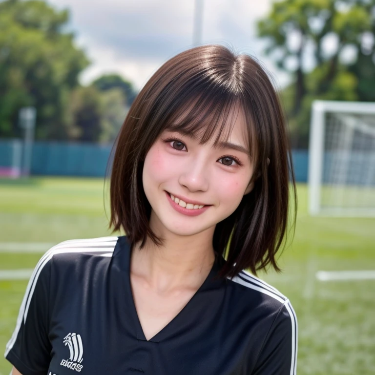 (kawaii 24 year-old Japanese girl, Nogizaka idol, Korean idol, soccer player), healthy female athlete body, (glossy black hair, very short hair, bangs:1.3), beautiful black eyes, rounded face, single eyelid, whitened even teeth, (no makeup:1.2), (big laughing:1.2), (soccer uniform:1.3), extra small breasts, BREAK, (park background, summer daytime:1.2), (dynamic angle, bust shot:1.2), BREAK, (masterpiece, best quality, photo realistic, official art:1.4), (UHD, 8K quality wallpaper, high resolution, raw photo, golden ratio:1.3), (shiny skin), professional lighting, physically based rendering, award winning, (highly detailed skin texture, extremely detailed face and eyes textures), Carl Zeiss 85 mm F/1.4, depth of field, (1girl, solo),