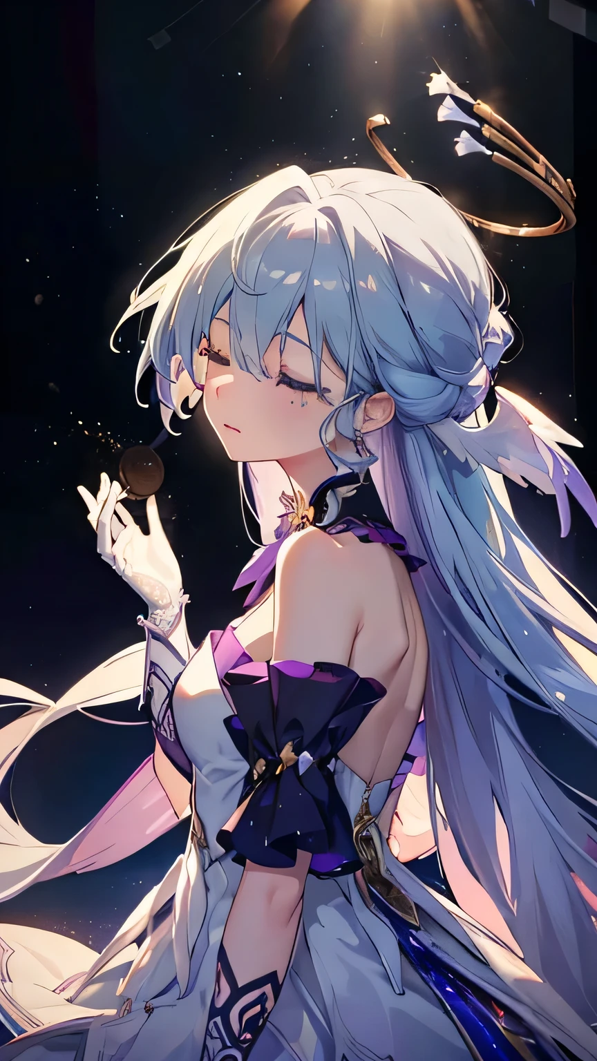 (masterpiece, top quality, best quality, official art, beautiful and aesthetic:1.2),(8k, best quality, masterpiece:1.2), (((masterpiece))),(((best quality))),(((extremely detailed))),illustration,who, (masterpiece, top quality, best quality, official art, beautiful and aesthetic:1.2),(8k, best quality, masterpiece:1.2), ((masterpiece,best quality)), 1girl, robin, head wings, halo, white gloves, singing, dark background, (stage, spotlight), closed eyes, depth of field, (from side), floating hair, hand on own chest,