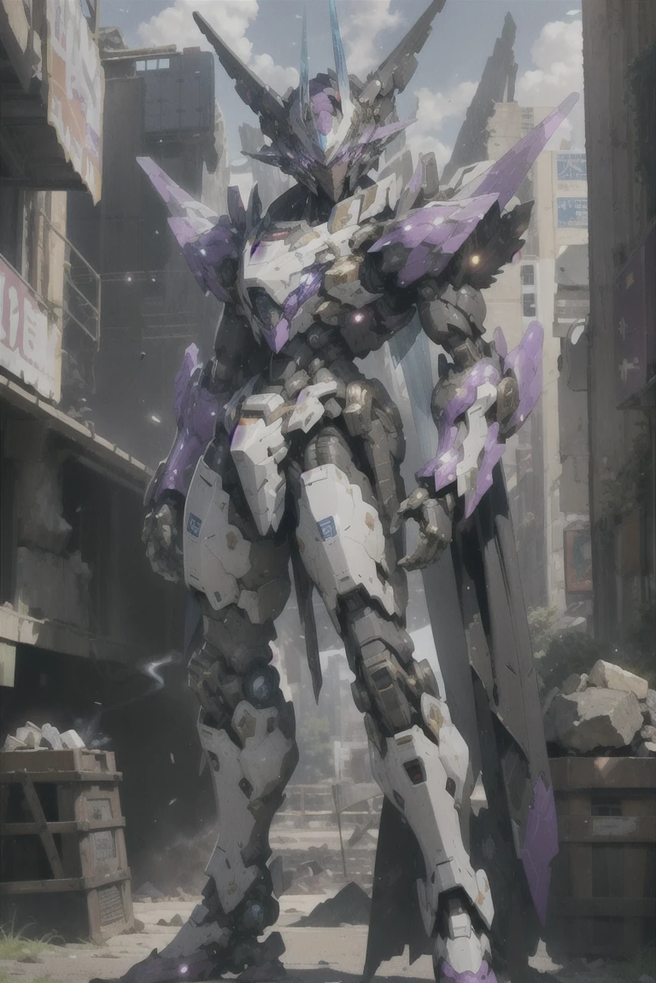 Masterpiece, best quality, Mecha, no human, Black Armor, stone eyes, science fiction, stone, Use Katana stone, war, conflict, destroyed city and destroyed Robot background, Mecha stone Statue, made of stone, Full body, The Mecha damaged, The left arm was severely damaged, Smoke floats from the mannequin, smoke,crystal, Crystals filled the body, The left arm is crystal, purple crystal, shining crystal, The crystal shone with a bluish-purple glow,