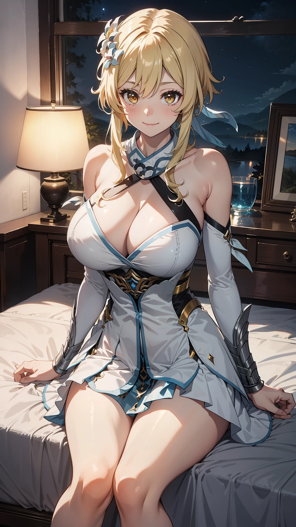 (Luminedef), slim body, narrow waist, blush, official art, night, detail eyes, cg, sitting on bed, (expansive landscape photography),perfect body, huge breast, smile, colourfull,