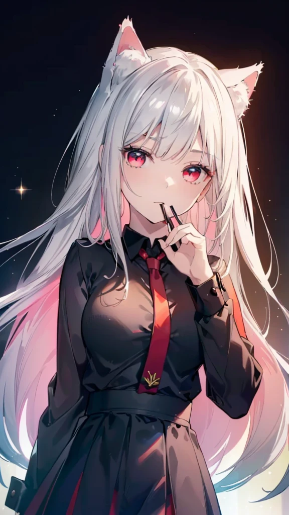 (Cat girl), (smoking), cat ears, black hair, business casual attire, cool, red dress shirt, pretty red eyes, cat tail, ((Crimson Red Eyes eyes: 1.3, Upturned Eyes: 1, Perfect Eyes, Beautiful Detailed Eyes, Gradient eyes: 1, Finely Detailed Beautiful Eyes: 1, Symmetrical Eyes: 1, Big Highlight On Eyes: 1.2)), (((Lustrous Skin: 1.5, Bright Skin: 1.5, Skin Fair, Shiny Skin, Very Shiny Skin, Shiny Body, Plastic Glitter Skin, Exaggerated Shiny Skin, Illuminated Skin))), (Detailed Body, (Detailed Face)), (((Skirt))), High Resolution, Sharp Focus, Ultra Detailed, Extremely Detailed, Extremely High Quality Artwork, (Realistic, Photorealistic: 1.37), 8k_Wallpaper, (Extremely Detailed CG 8k), (Very Fine 8K CG), ((Hyper Super Ultra Detailed Perfect Piece)), (((Flawless masterpiece))), Illustration, Vibrant Colors, (Intricate), High Contrast, Selective Lighting, Double Exposure, HDR (High Dynamic Range), Post-processing, Background Blur
