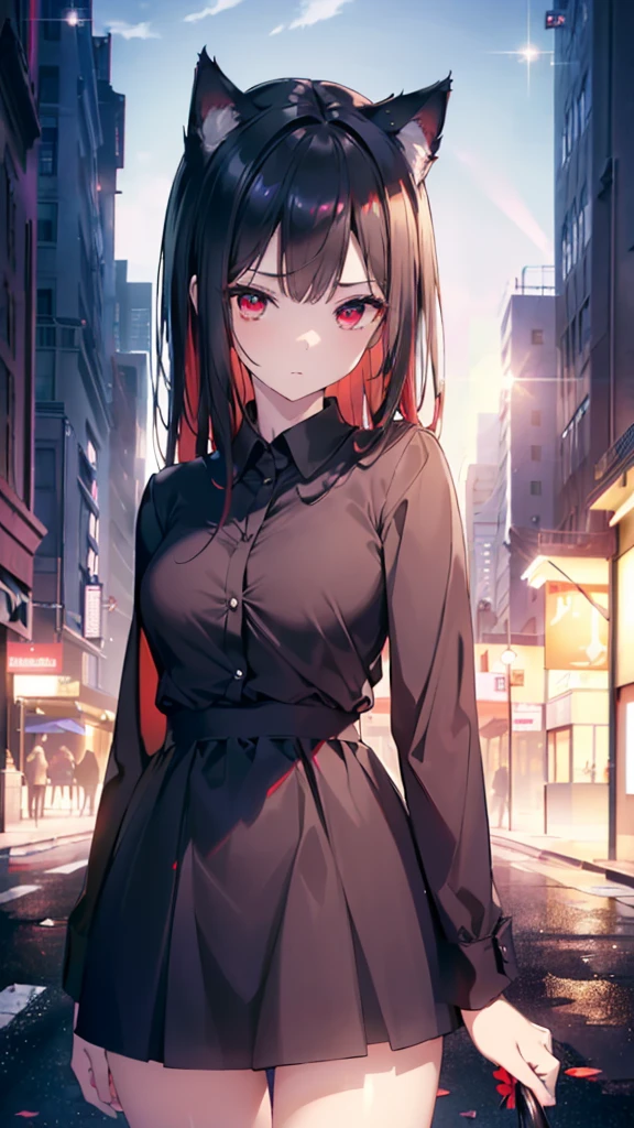 (Cat girl), (smoking), cat ears, black hair, business casual attire, cool, red dress shirt, pretty red eyes, cat tail, ((Crimson Red Eyes eyes: 1.3, Upturned Eyes: 1, Perfect Eyes, Beautiful Detailed Eyes, Gradient eyes: 1, Finely Detailed Beautiful Eyes: 1, Symmetrical Eyes: 1, Big Highlight On Eyes: 1.2)), (((Lustrous Skin: 1.5, Bright Skin: 1.5, Skin Fair, Shiny Skin, Very Shiny Skin, Shiny Body, Plastic Glitter Skin, Exaggerated Shiny Skin, Illuminated Skin))), (Detailed Body, (Detailed Face)), (((Skirt))), High Resolution, Sharp Focus, Ultra Detailed, Extremely Detailed, Extremely High Quality Artwork, (Realistic, Photorealistic: 1.37), 8k_Wallpaper, (Extremely Detailed CG 8k), (Very Fine 8K CG), ((Hyper Super Ultra Detailed Perfect Piece)), (((Flawless masterpiece))), Illustration, Vibrant Colors, (Intricate), High Contrast, Selective Lighting, Double Exposure, HDR (High Dynamic Range), Post-processing, Background Blur
